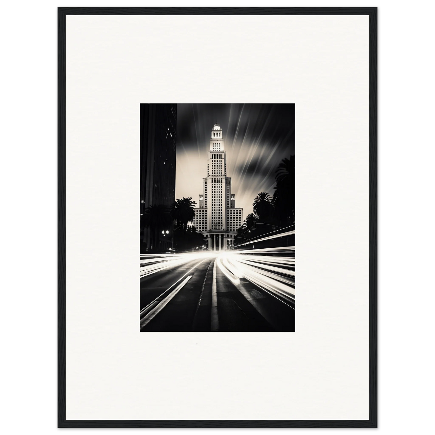 Art Deco skyscraper at night with light trails, part of the Luminescent Metropolis Beacon collection