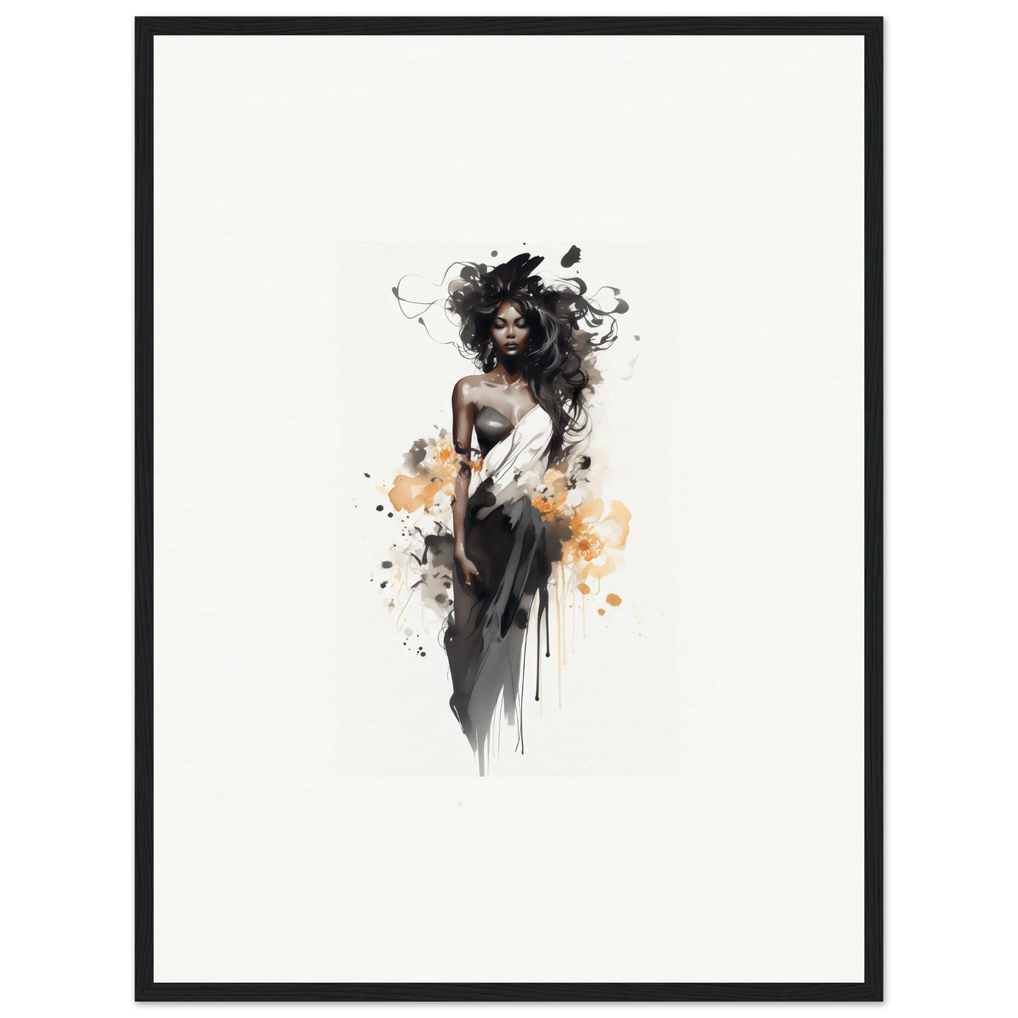 Artistic watercolor figure in black dress with orange splashes, Harlequin Suns Wash framed wall art