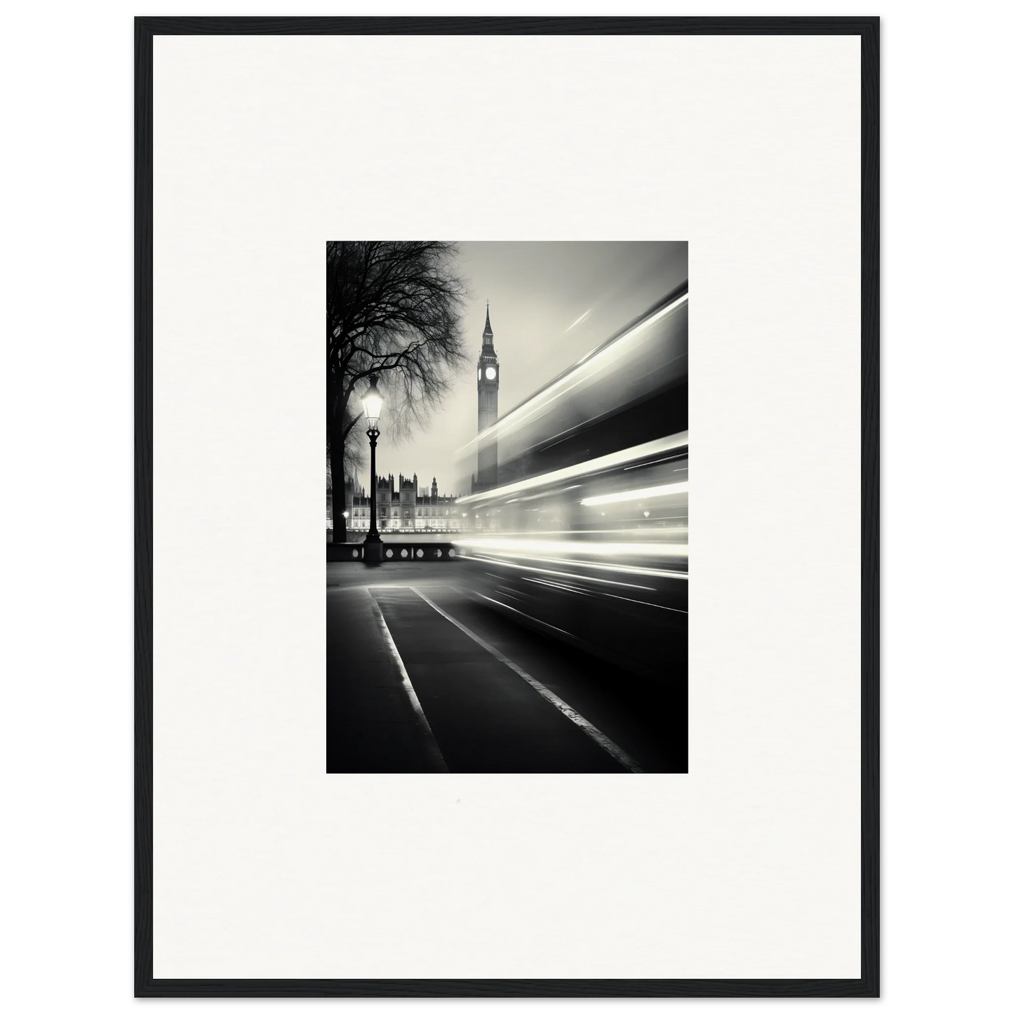 Black and white Big Ben with light trails, perfect for Fluid Timeless Pulse art collection