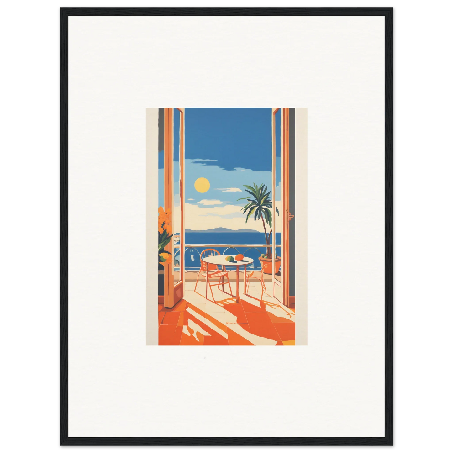 Framed vintage travel poster of sunny terrace view for Tranquil Mirage Brunch