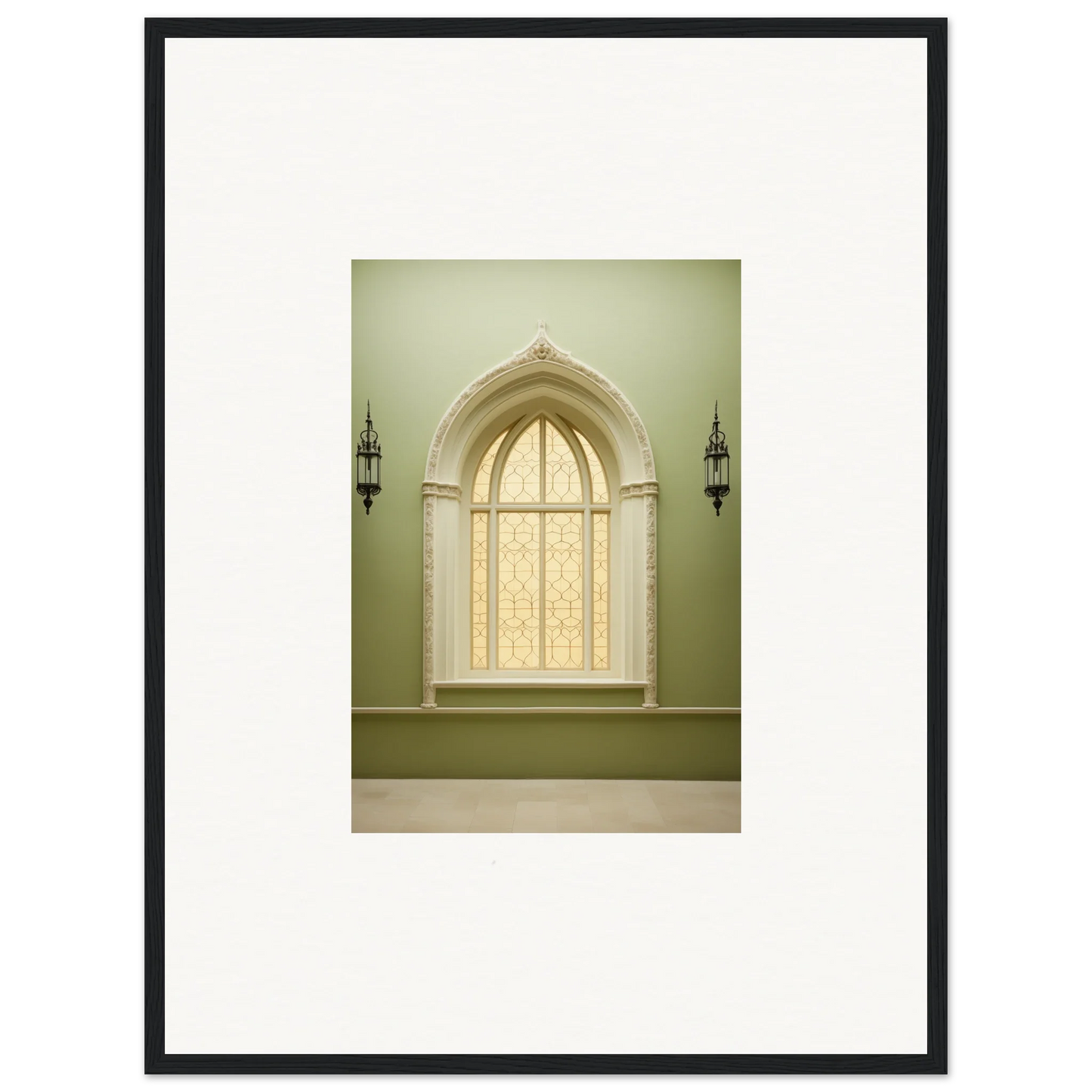 Gothic-arched window with lace curtains in Opalescent Tranquility Dwelling art