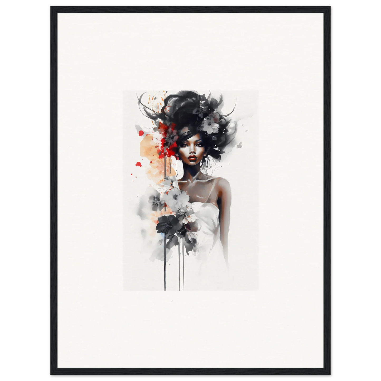 Artistic watercolor portrait with dramatic black and red drips in Plume Sultry Reverie