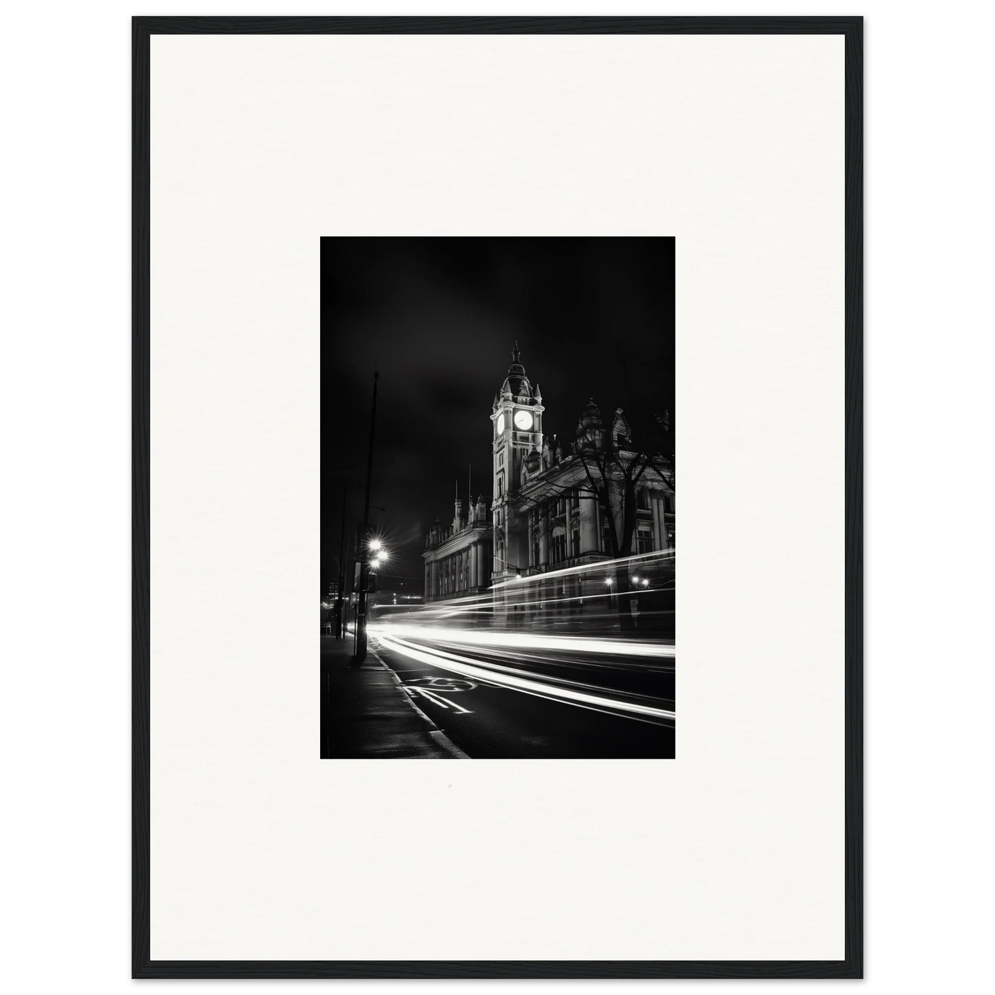 Black and white Gothic church at night with light trails for Temporal Phantasm Glide art