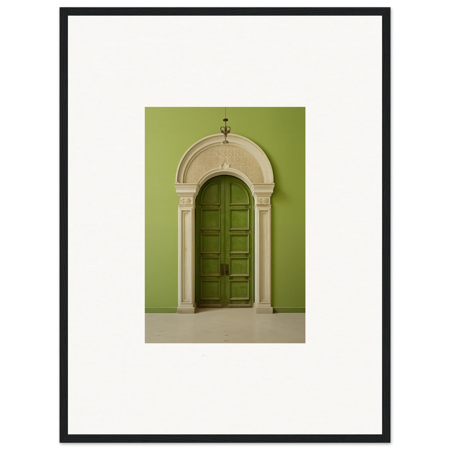 Elegant arched green door with white stone trim from the Verdant Luminary Portal collection
