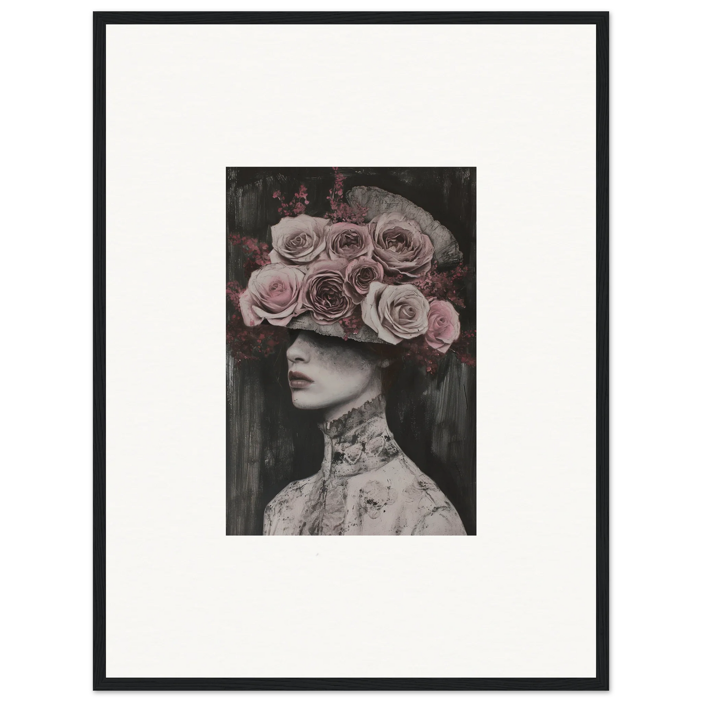 Black and white portrait with pink roses crown, Floral Odyssey Veil, special edition art™