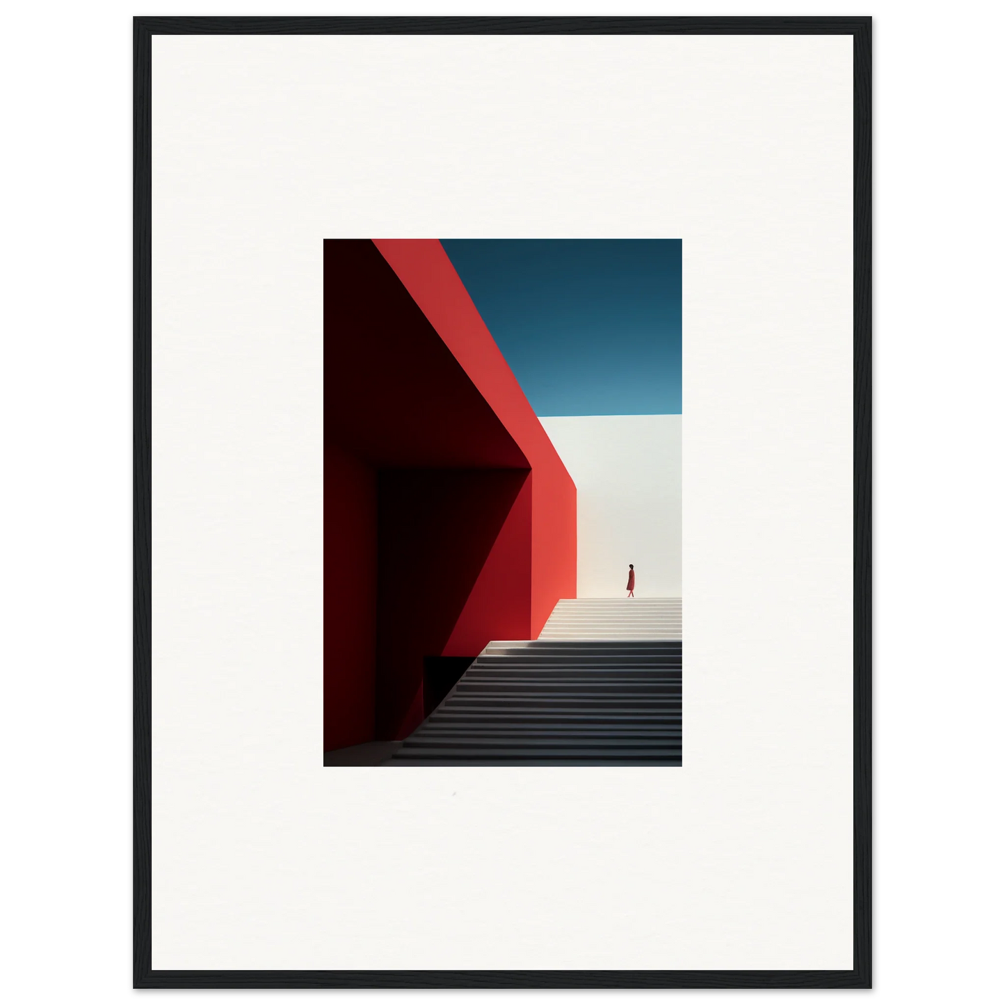 Minimalist architecture with red walls and a figure, perfect for Mesa Quizzes Cascades framed wall art