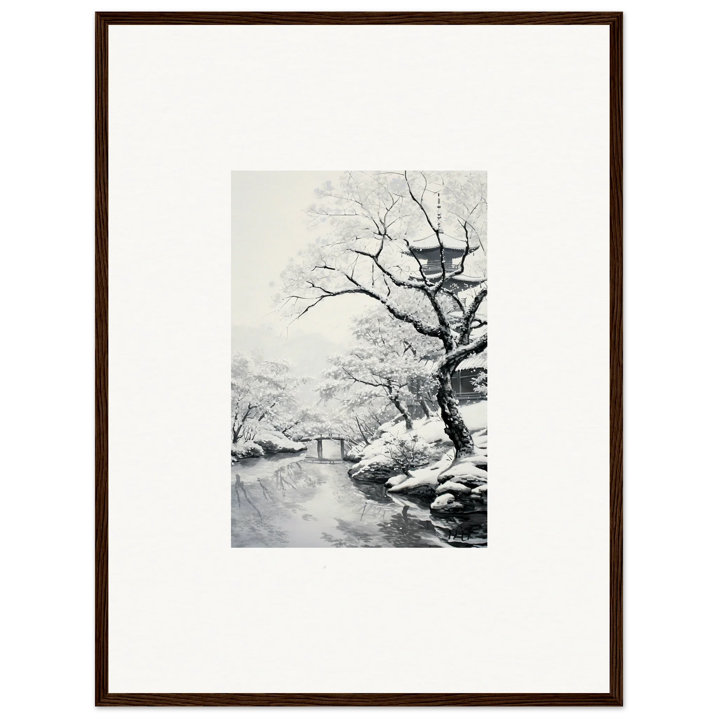 Framed black and white photo of a snowy landscape featured in Chilled Lunar Embrace