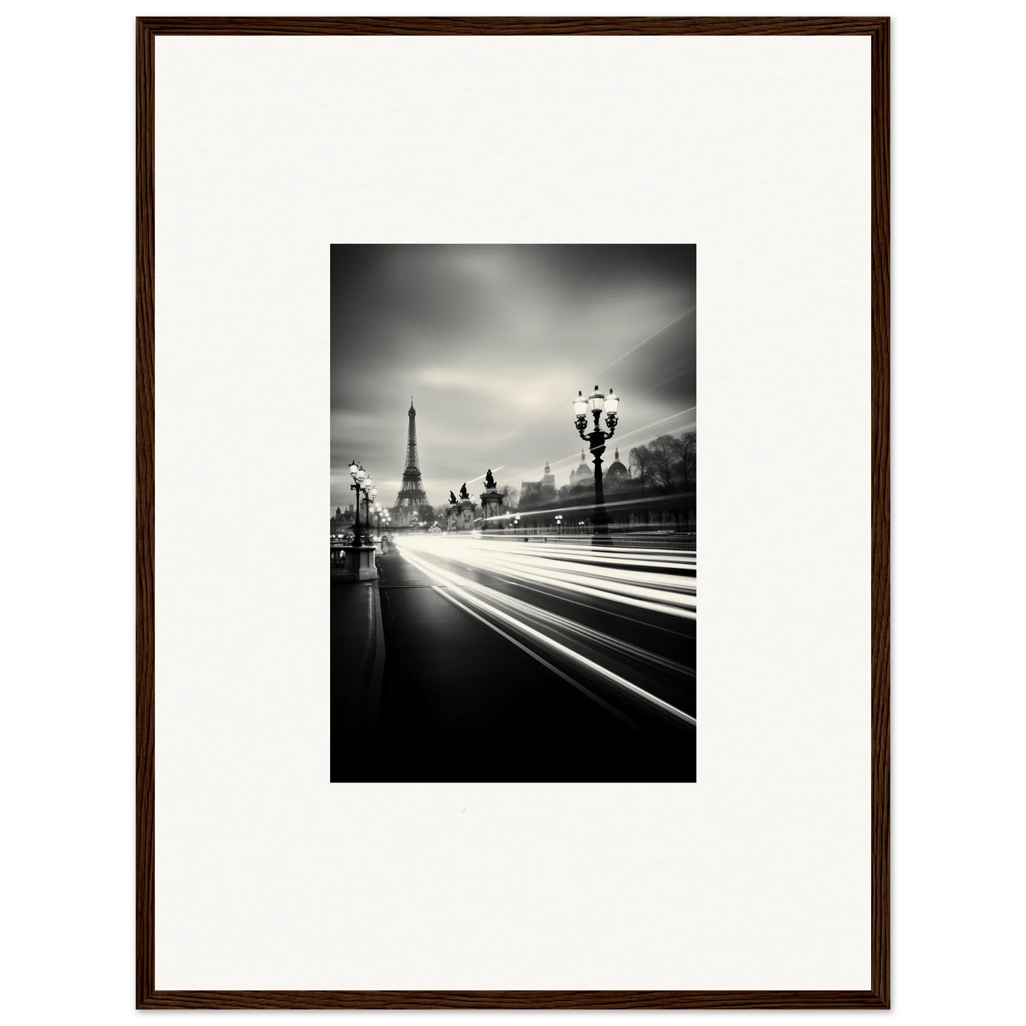 Black and white Eiffel Tower photo with traffic light trails for special edition art™