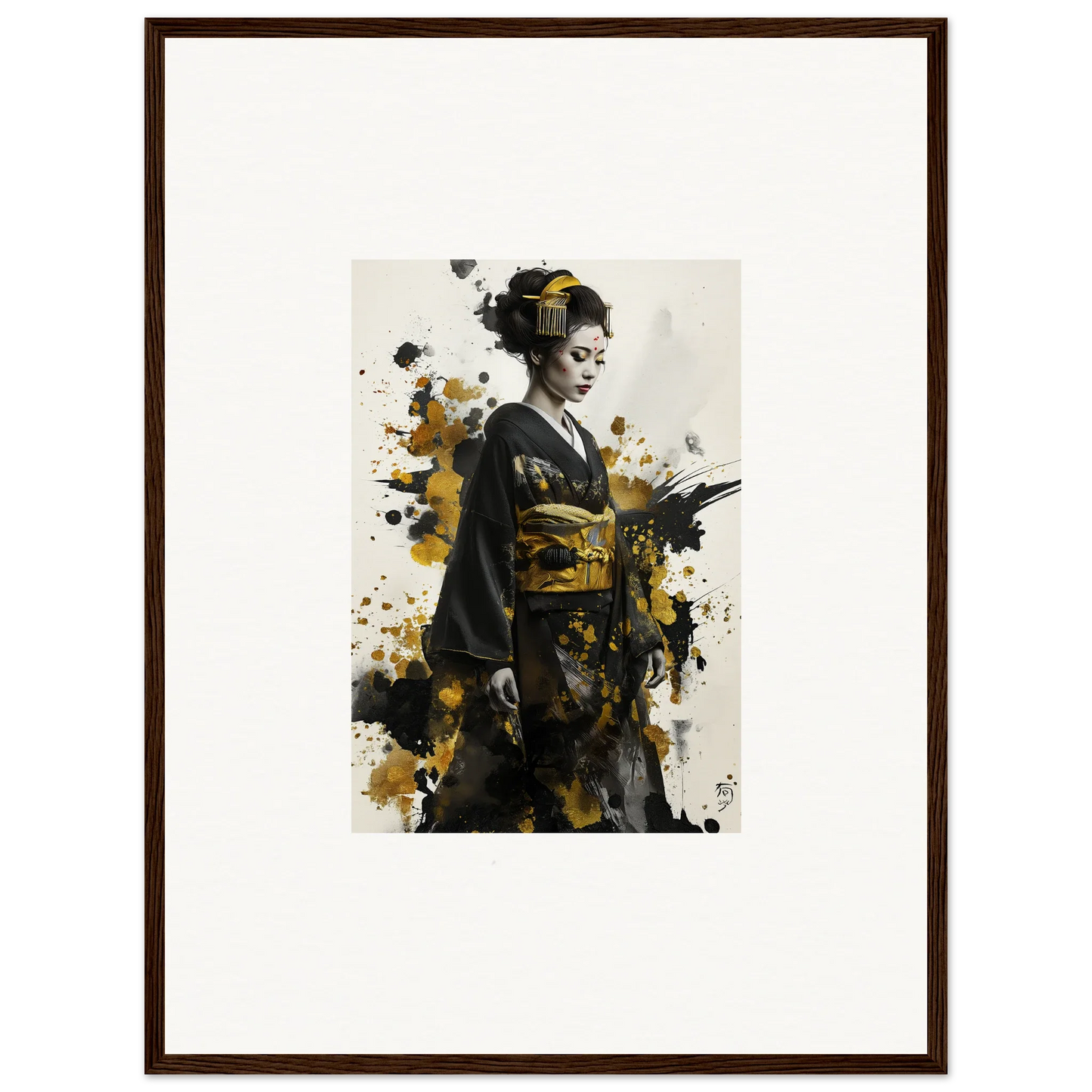 Artistic portrait of a geisha in a kimono with gold splatter for Eclipsed Ukiyo Symphony