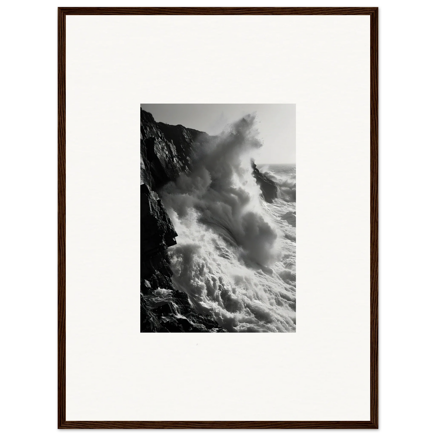 Powerful ocean waves crashing on cliffs in Ephemeral Echoes Surge framed wall art