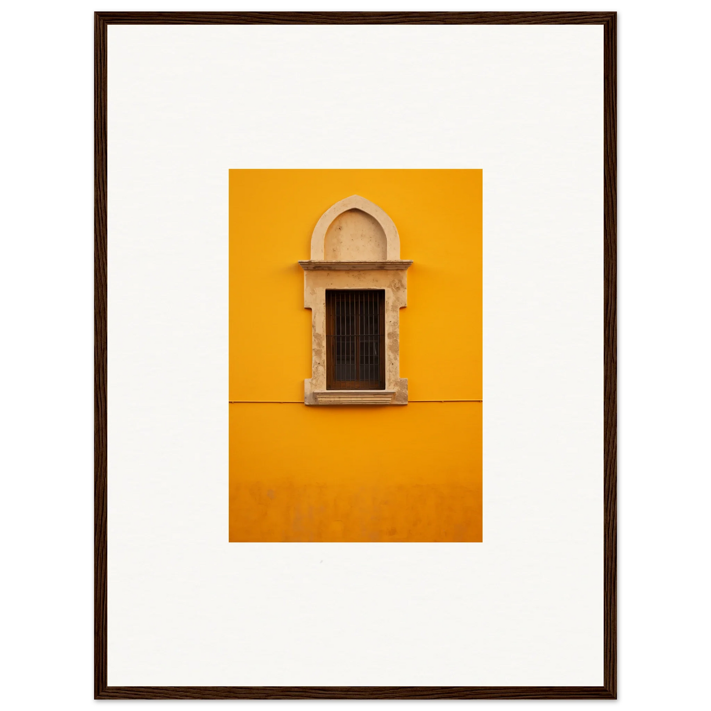 Ornate window with stone trim on a bright yellow wall, Golden Correspondence Portal framed art