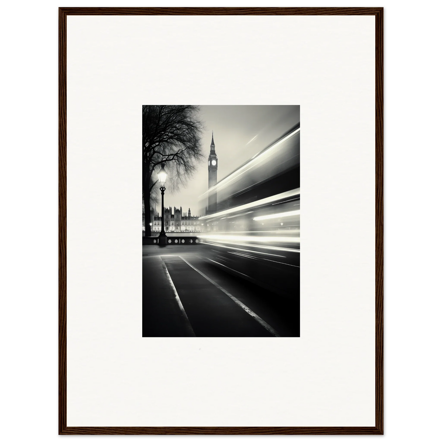 Black and white Big Ben with traffic light trails in Fluid Timeless Pulse framed wall art