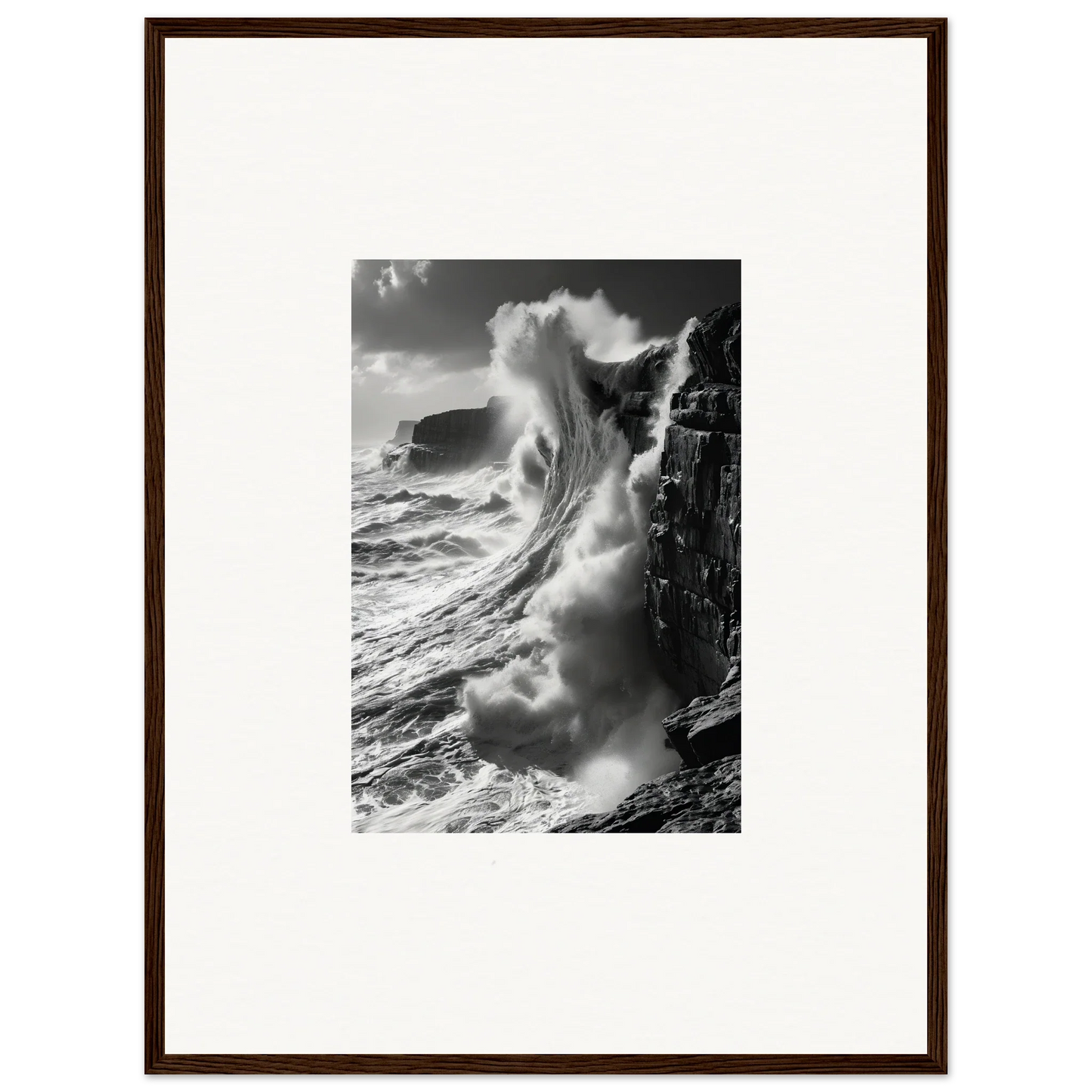 Powerful ocean wave crashing on cliffs, featured in Tidal Curved Reality framed wall art