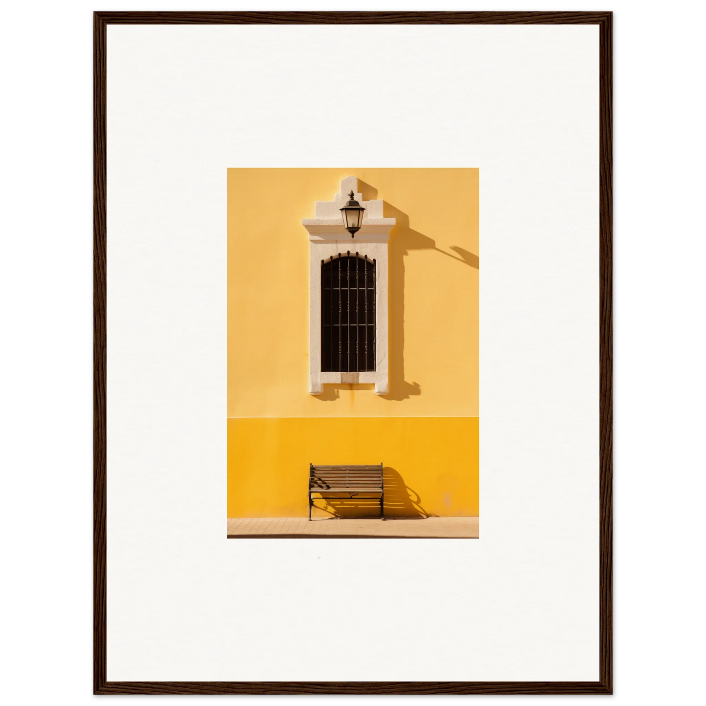 Wooden bench under barred window on yellow wall with Six-light Cult Optionsky art