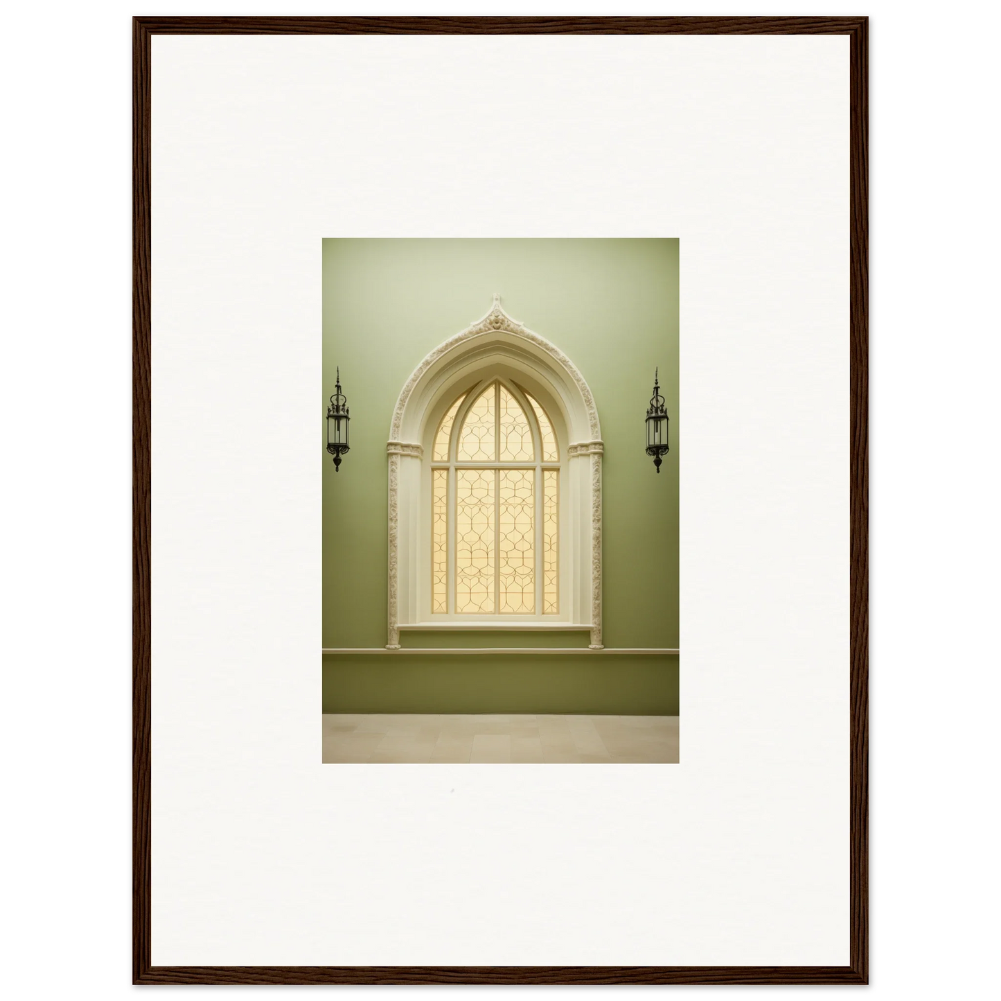 Gothic-arched window with frosted glass in Opalescent Tranquility Dwelling art