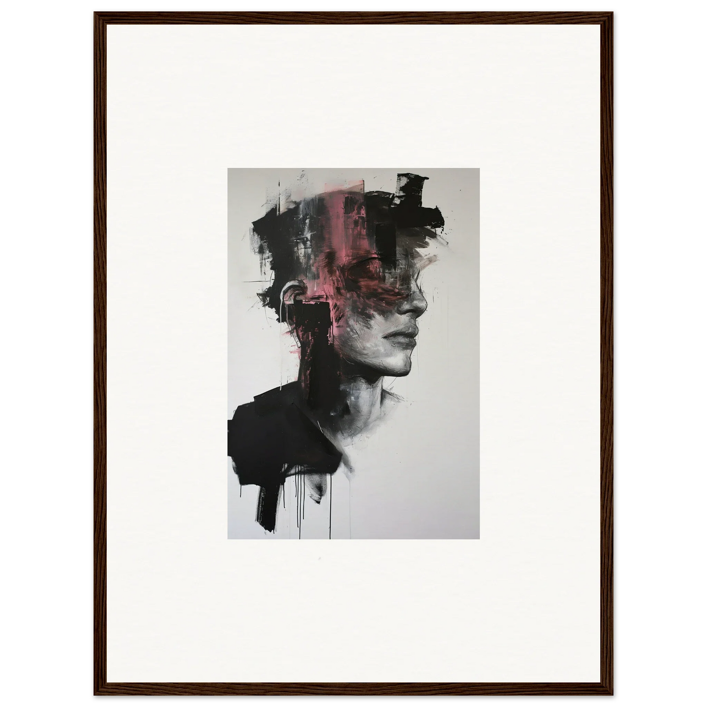 Abstract black and pink watercolor portrait on Fragmented Psyche Canvas with drips