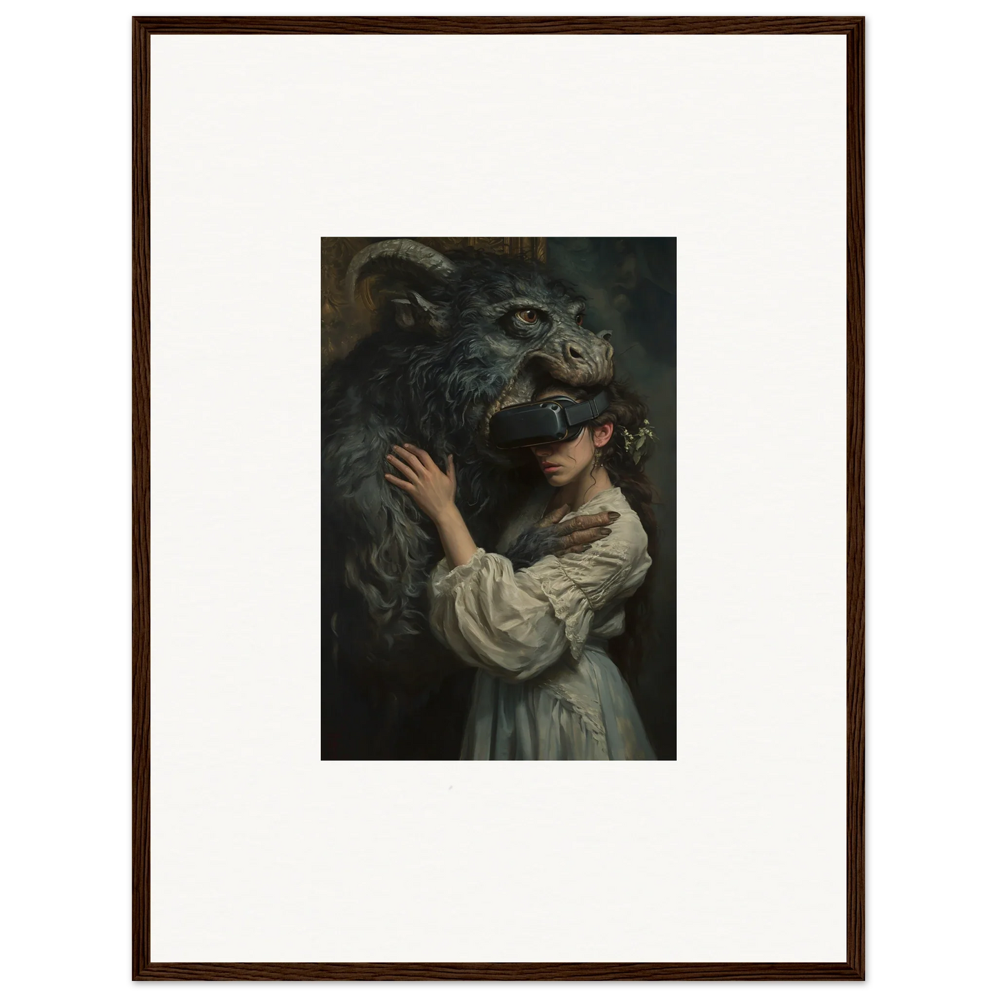 Framed artwork of a figure in a white dress with a dark reality monster for premium decor