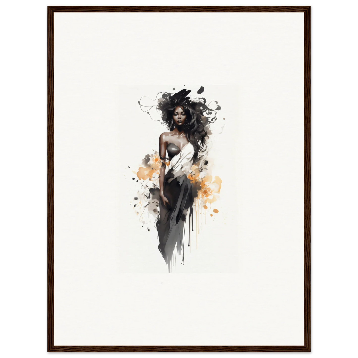 Elegant figure in a black dress with orange accents from Harlequin Suns Wash art