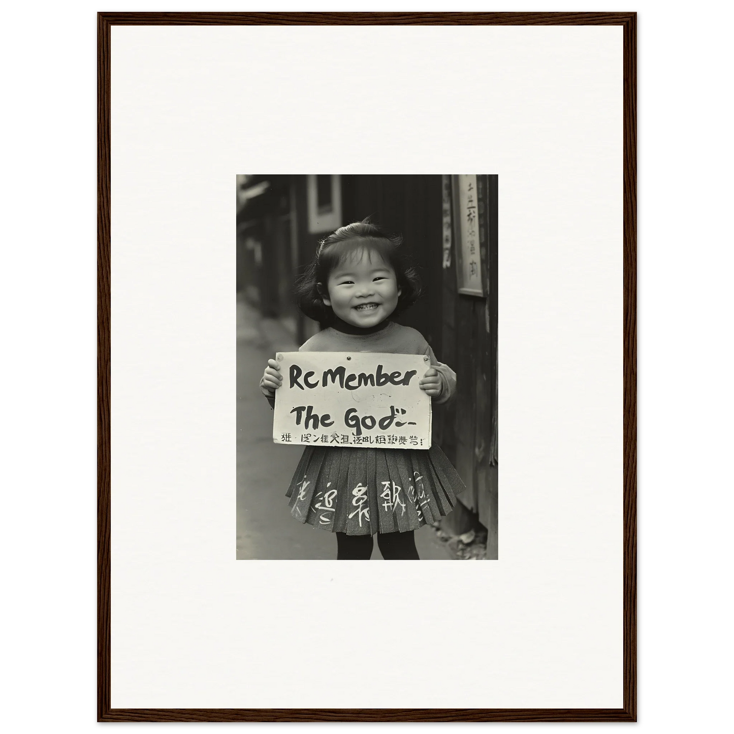 Smiling child with Remember the God sign in Sacred Smile Echoes framed wall art