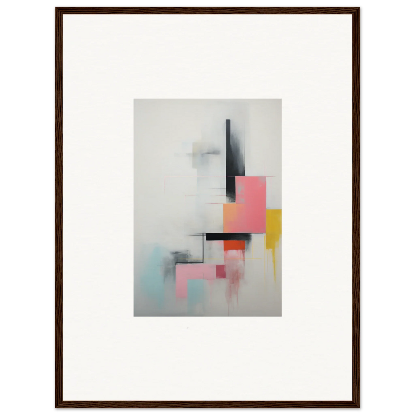 Abstract geometric art in soft pink, yellow, gray with black lines for Ethereal Chrome Juxtaposition