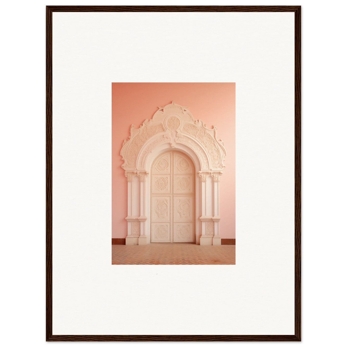 Ornate arched doorway in soft pink from Patio Reverie Sleutelenv framed wall art