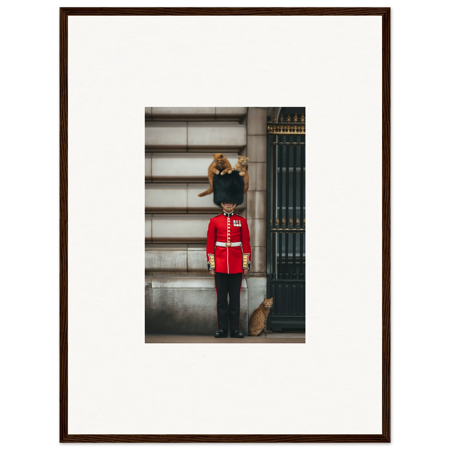 Cat lounging on a Queen’s Guard in red uniform at Sensational Sentinels’ Playground