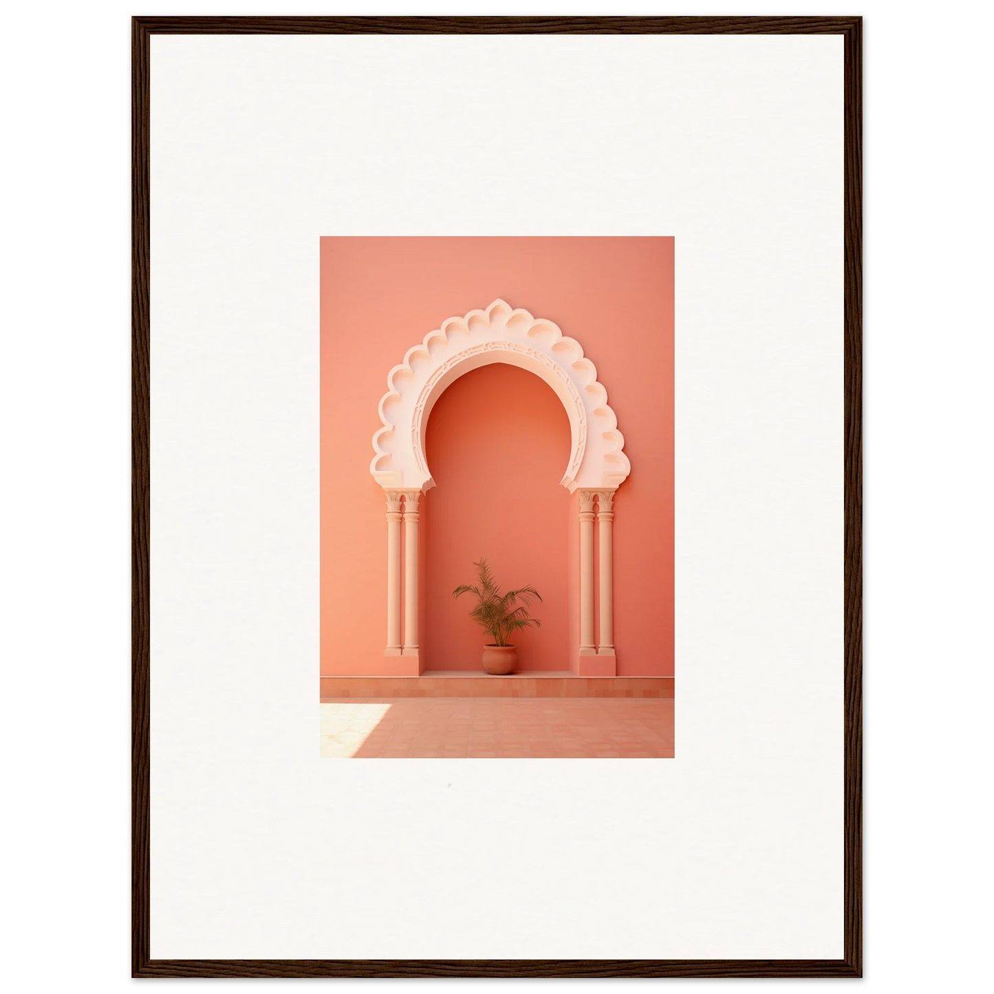 Decorative narco Échappatoire portal archway with scalloped detail and potted plant