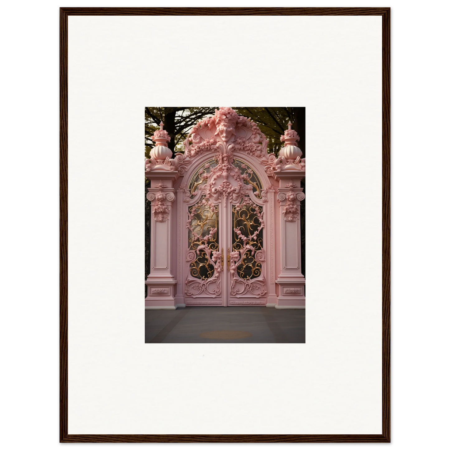 Ornate pink baroque-style gates with floral designs from Opulent Doorscape Divinity