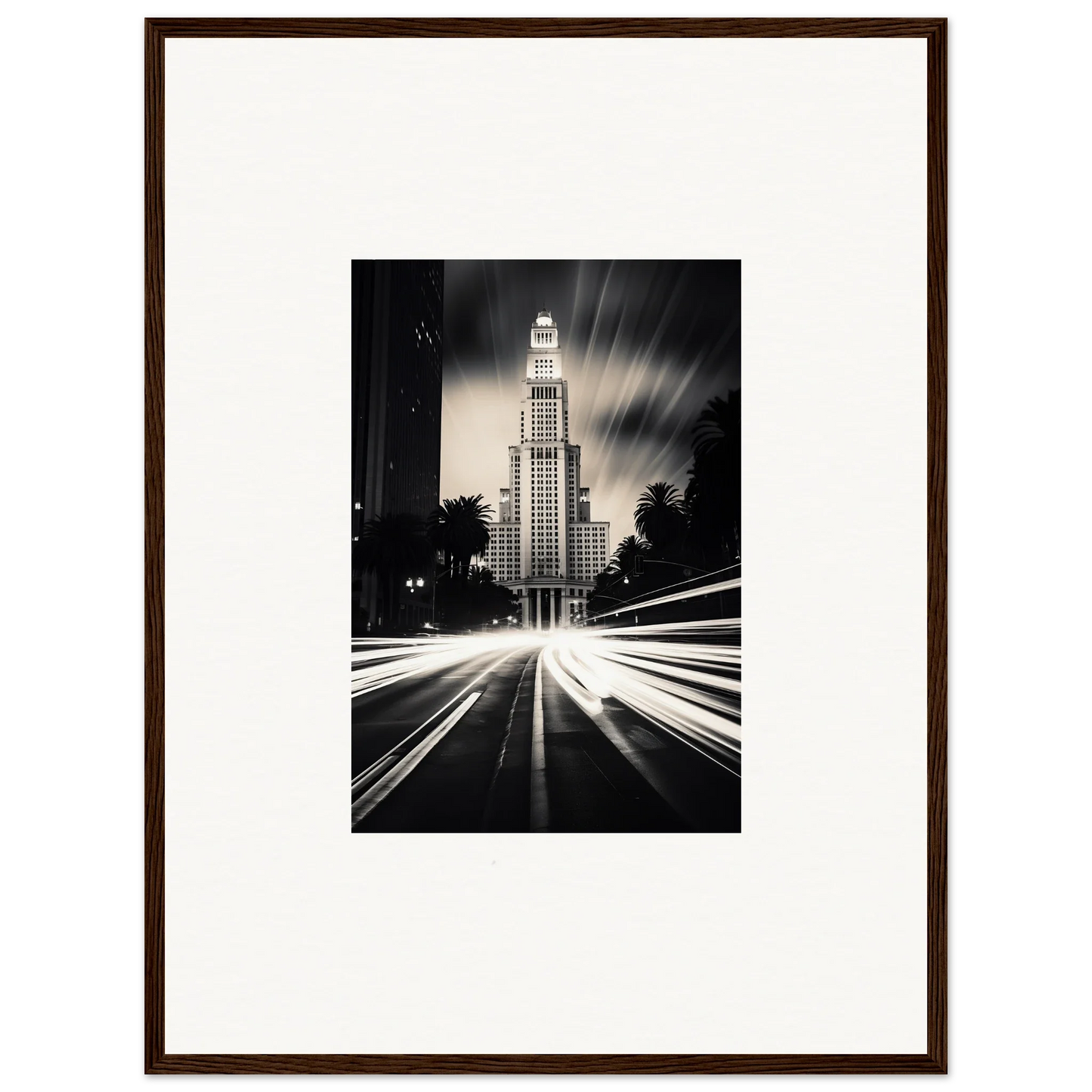 Art Deco skyscraper at night with light trails, perfect for Luminescent Metropolis Beacon framed posters