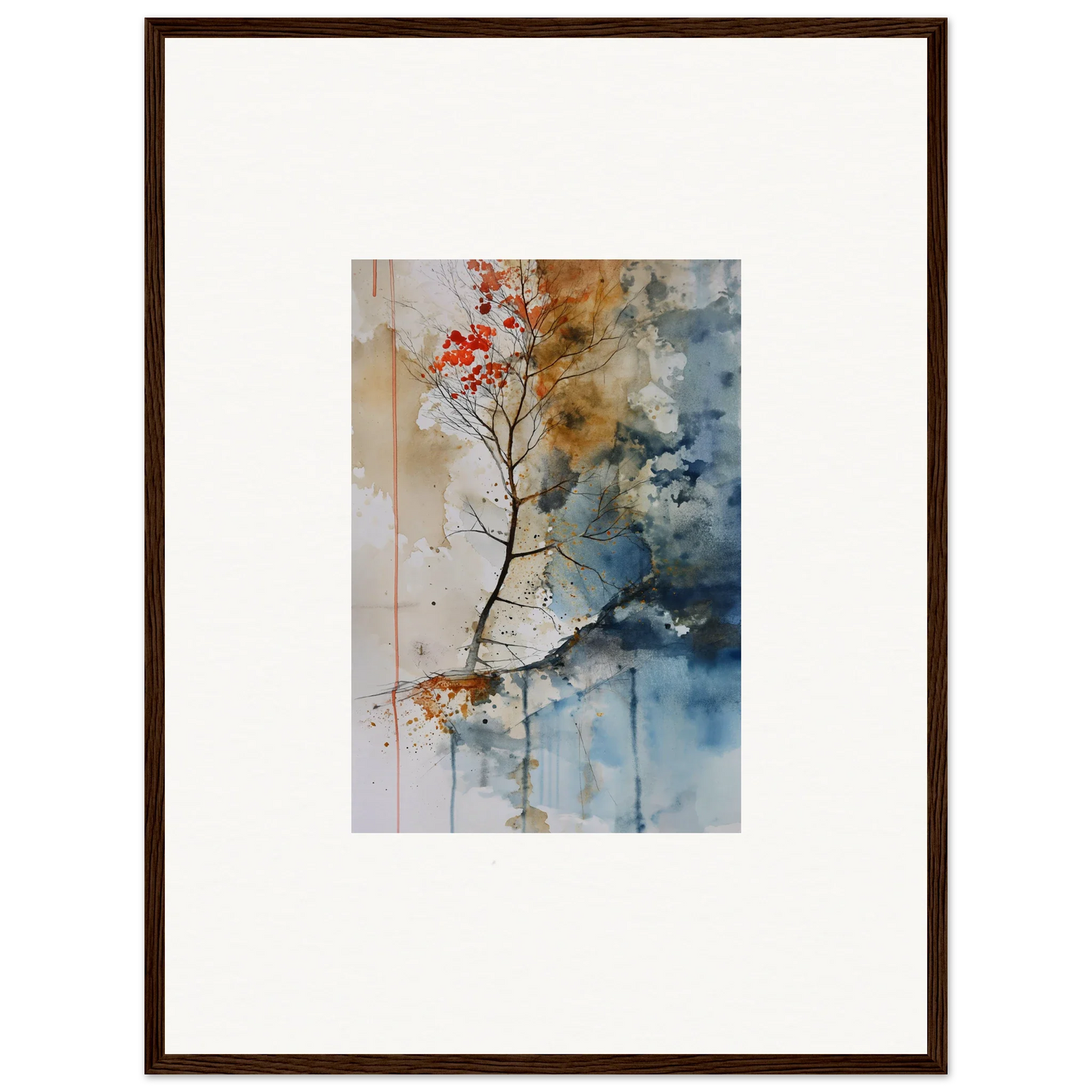 Framed watercolor wall art of a tree branch with red blossoms for room decoration