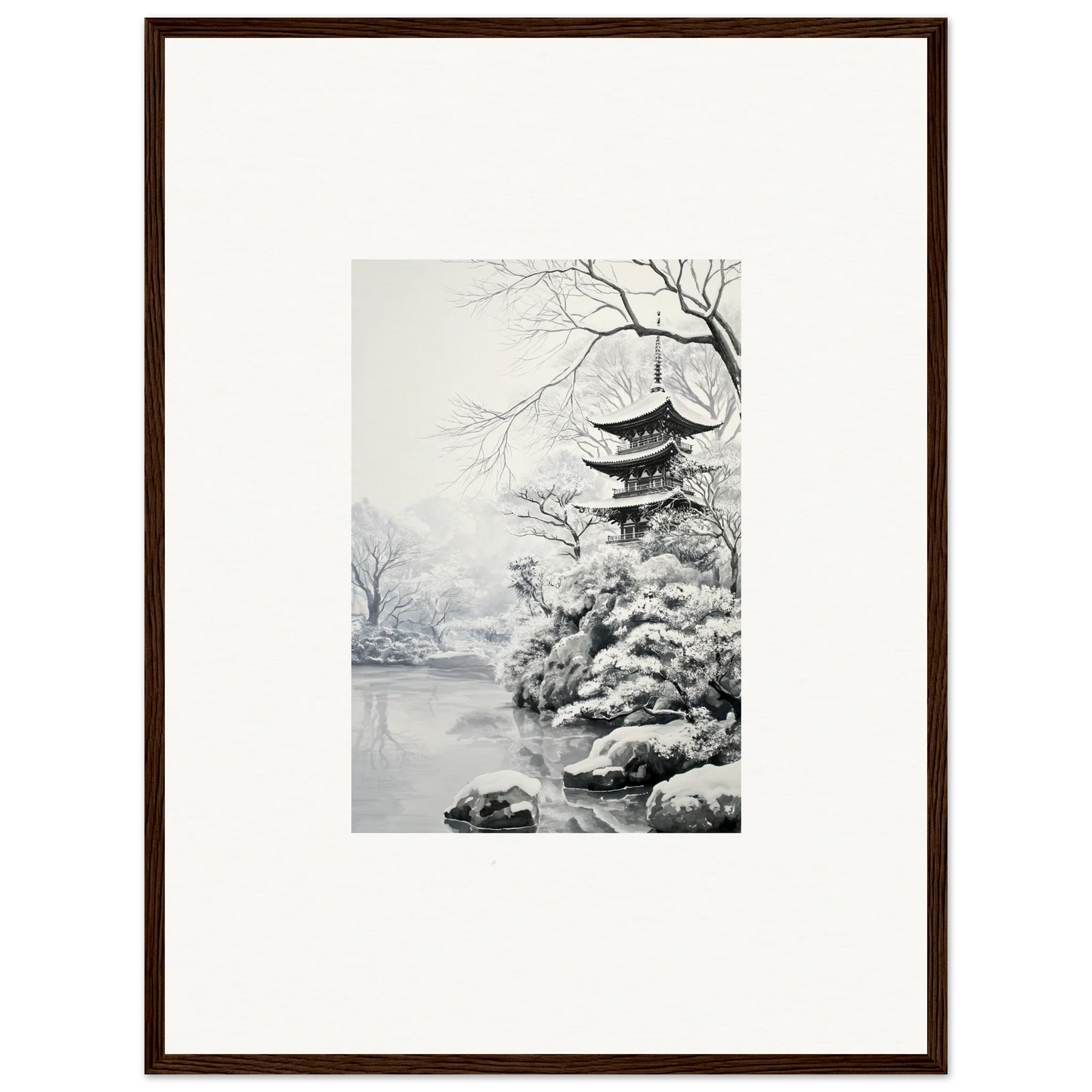 Framed black and white art of a Japanese pagoda in winter for Crystallized Blossom Oasis