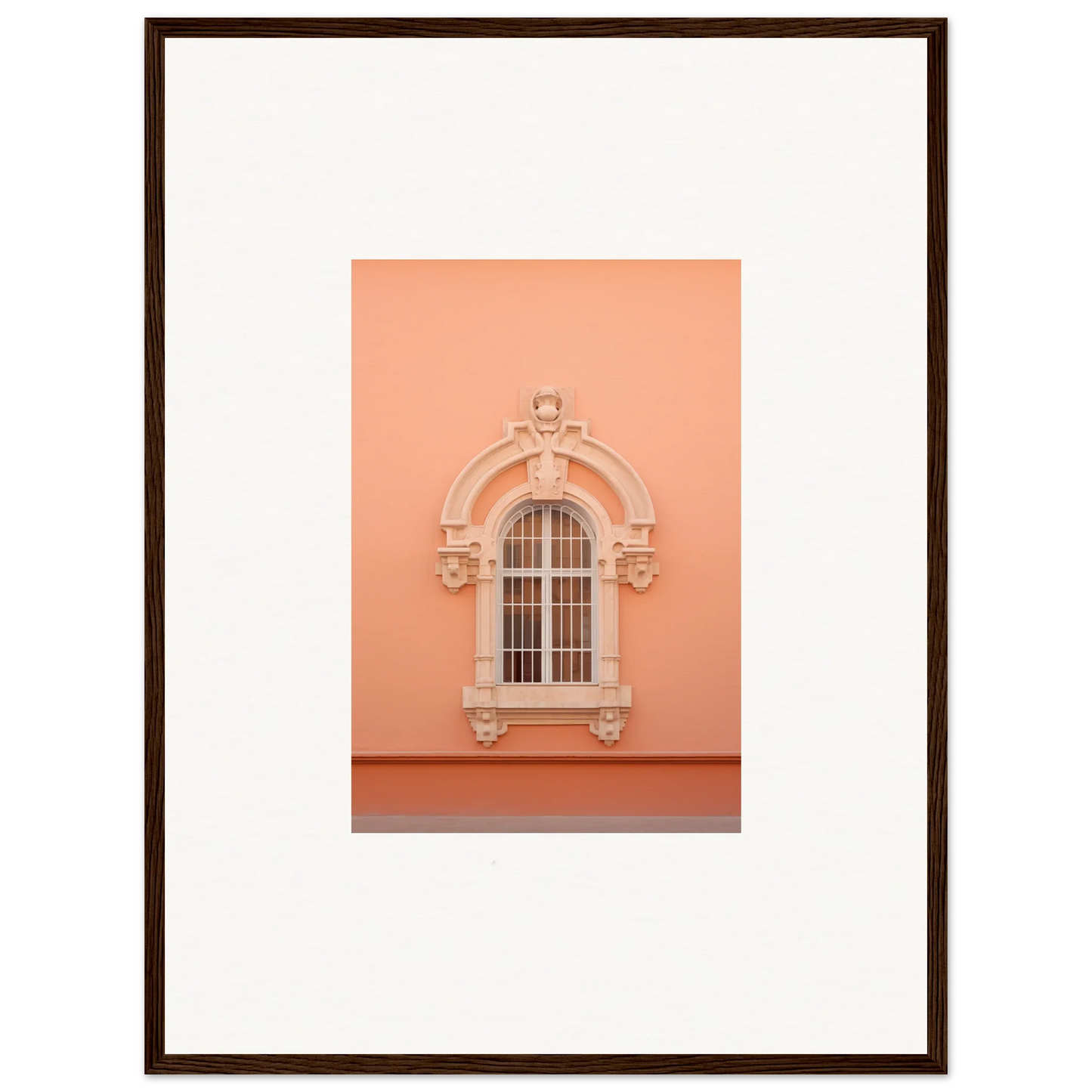 Ornate arched window on peach wall in Opulent Dualities Neoclassical design