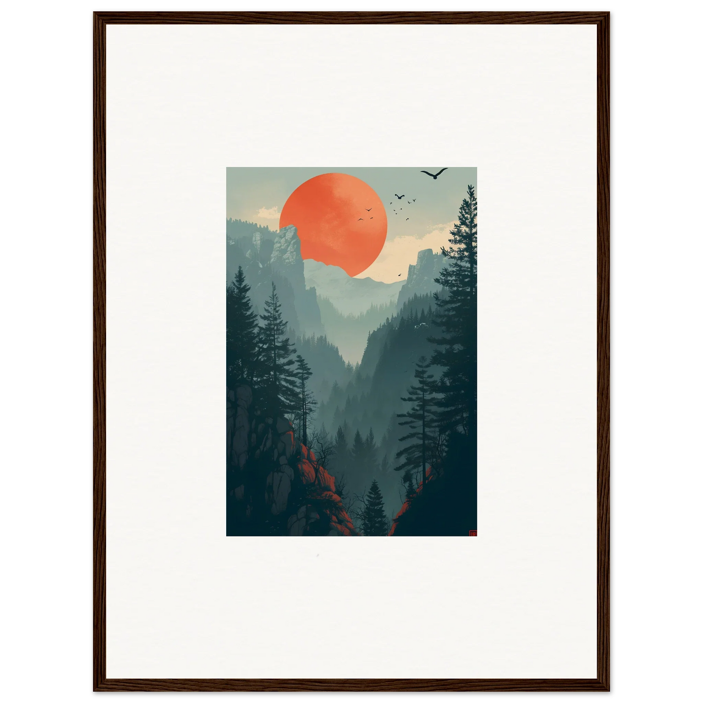 Framed canvas print of Sunset Wilderness featuring a vibrant forest and orange sun for room decoration