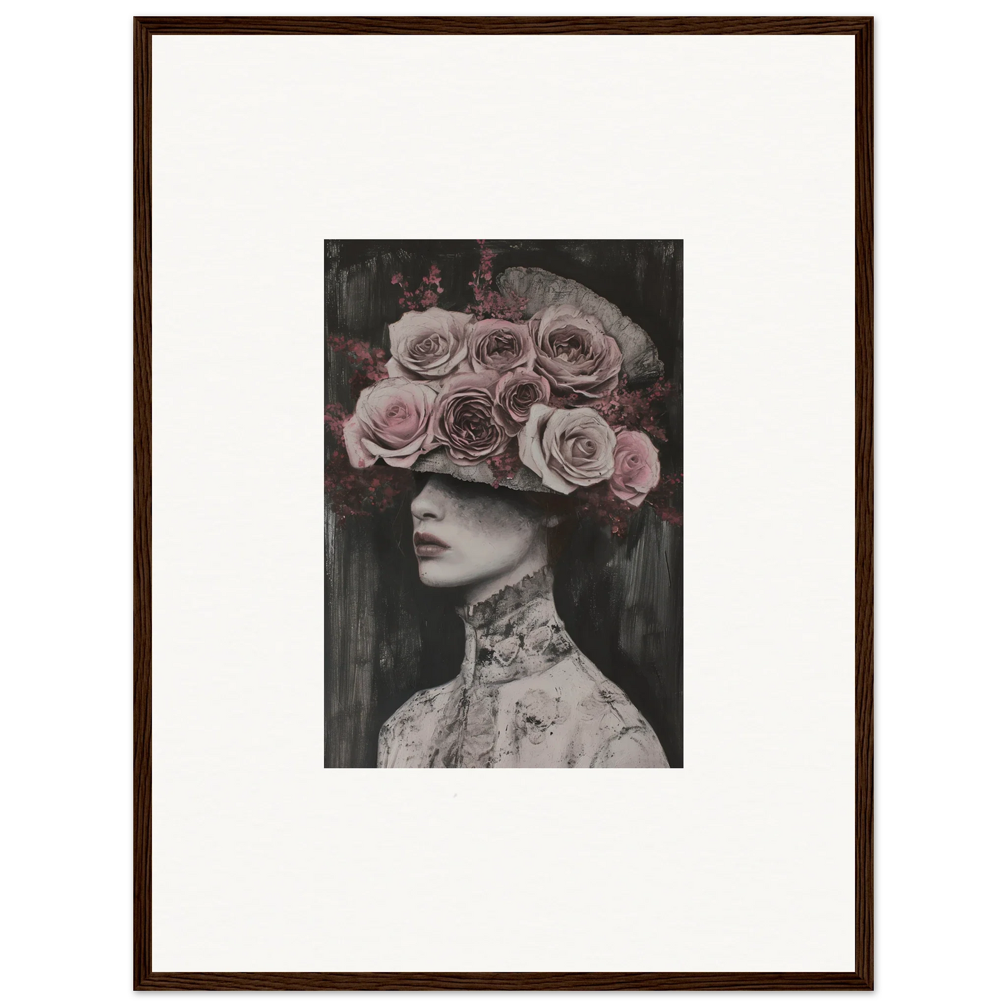 Artistic portrait of pink roses in a crown, featuring the Floral Odyssey Veil