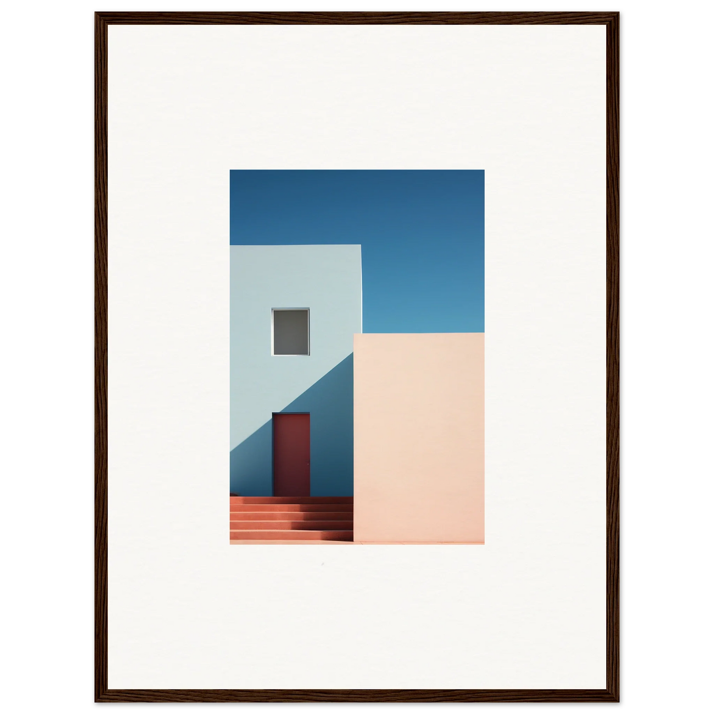 Minimalist architectural photo of a white building with red door for premium framed wall art