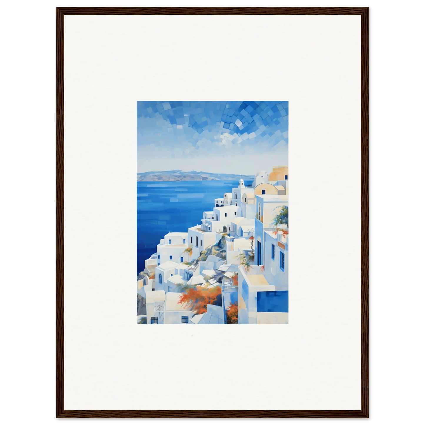Framed watercolor of Santorini’s white buildings for Ethereal Azure Echoes art