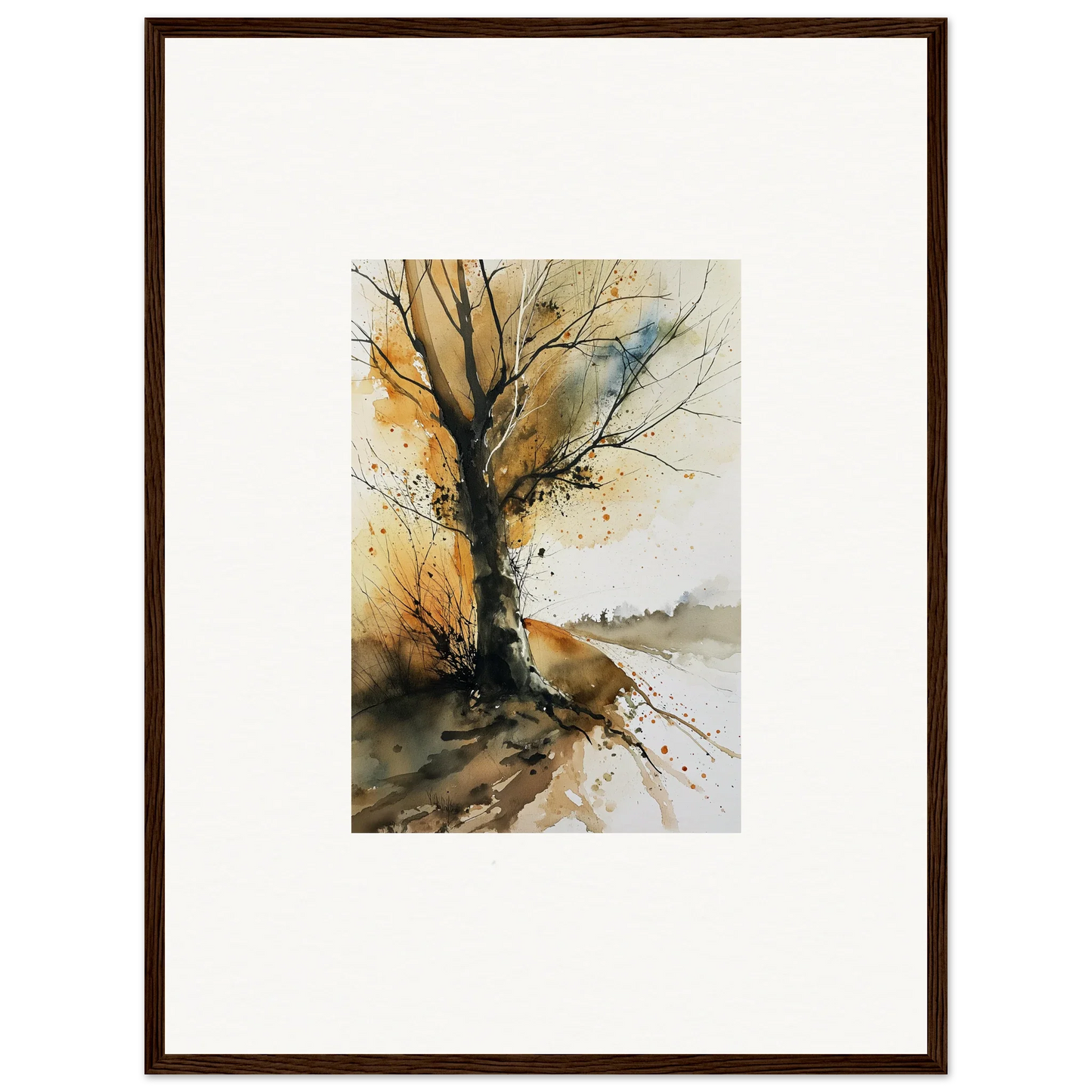 Framed watercolor wall art of a bare tree in autumn colors for chic room decoration
