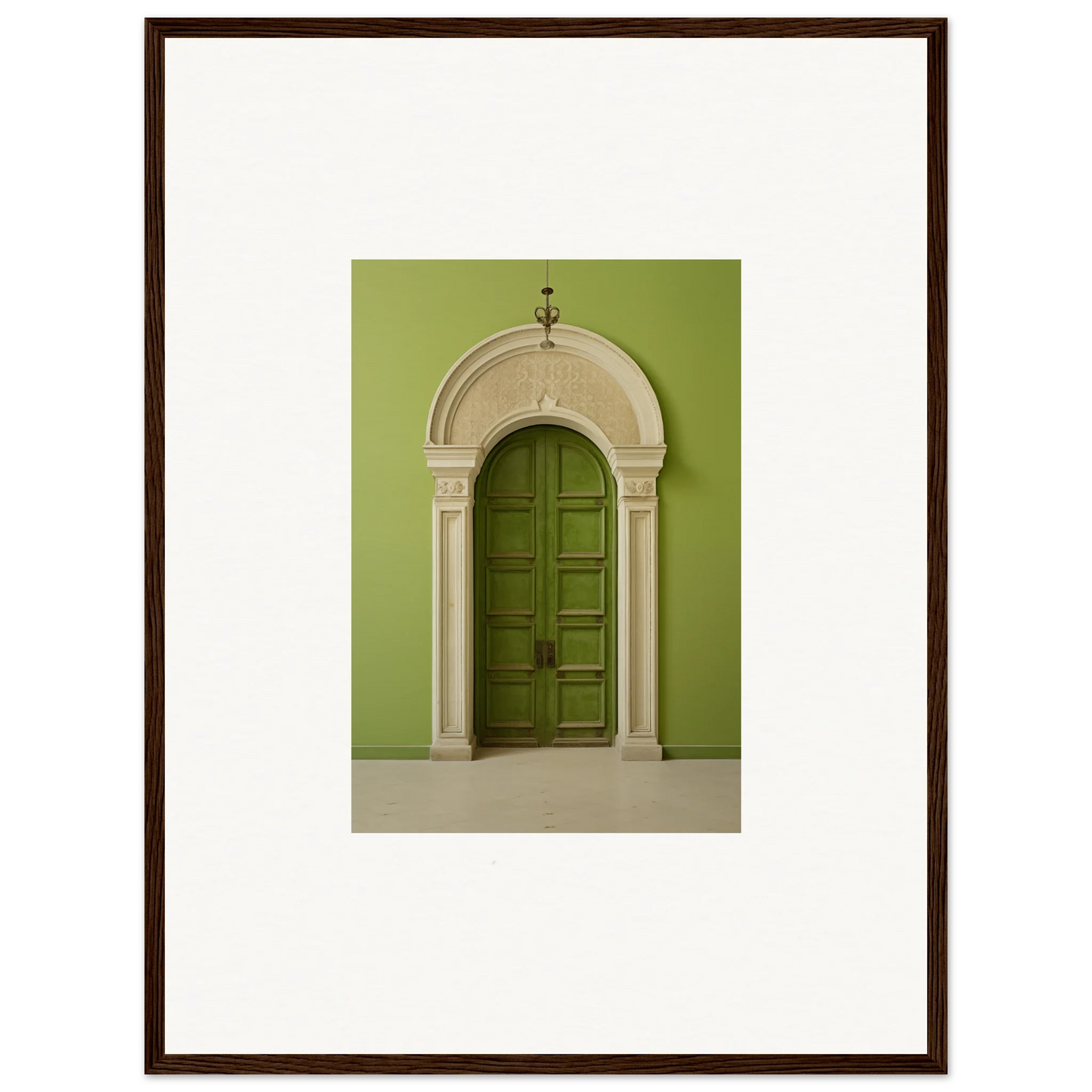 Green wooden door in white stone frame from Verdant Luminary Portal special edition art™