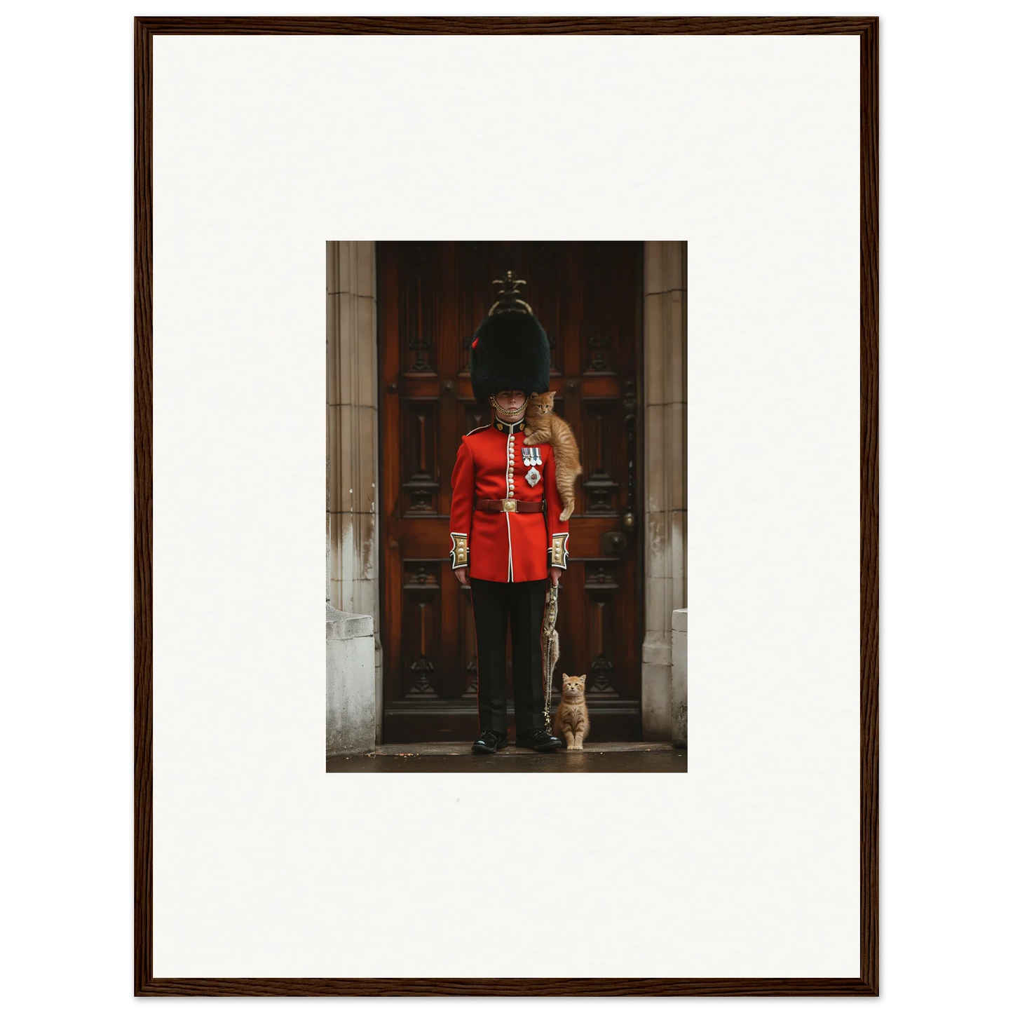 Queen’s Guard soldier in red uniform for God Save the Queen and the Cats premium wall art