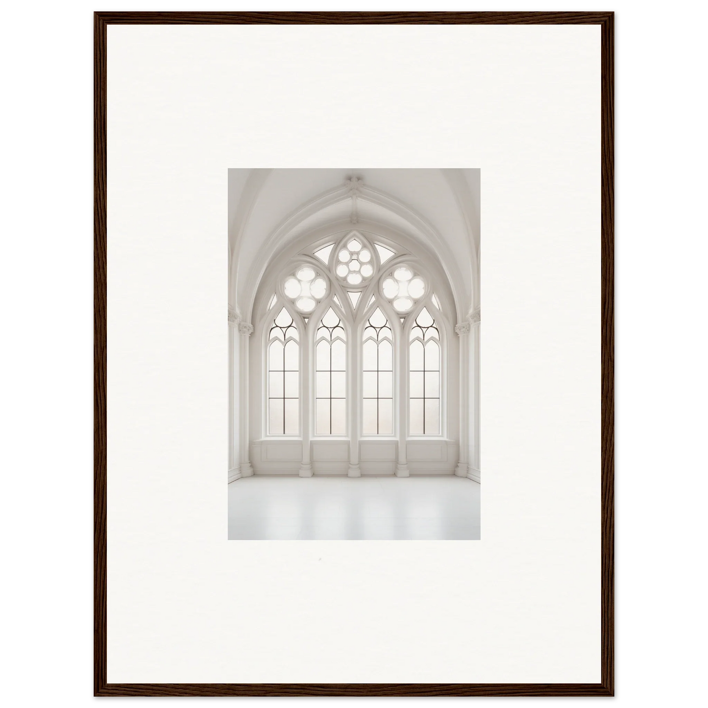 Gothic arched window with ornate tracery in Ethereal Light Elegy framed wall art