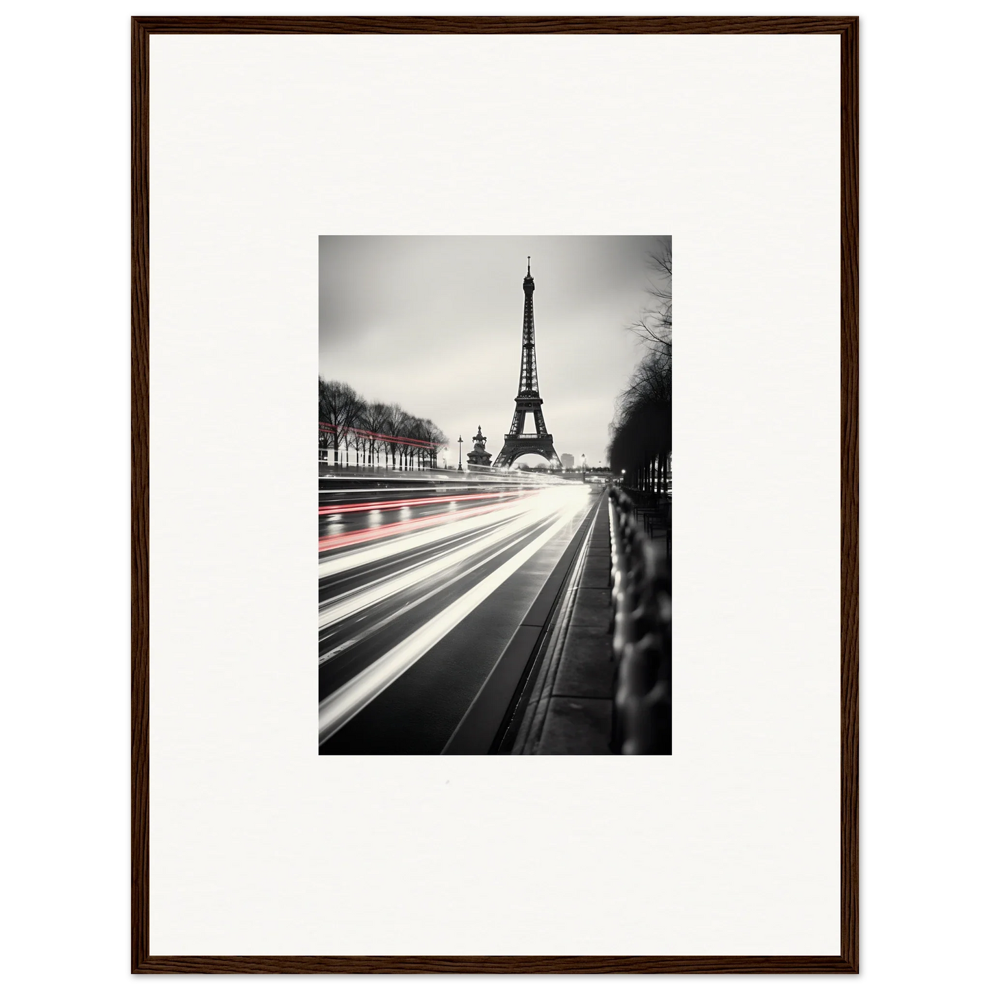 Framed black and white Eiffel Tower photo with light trails from Eternal Windsweep Halo