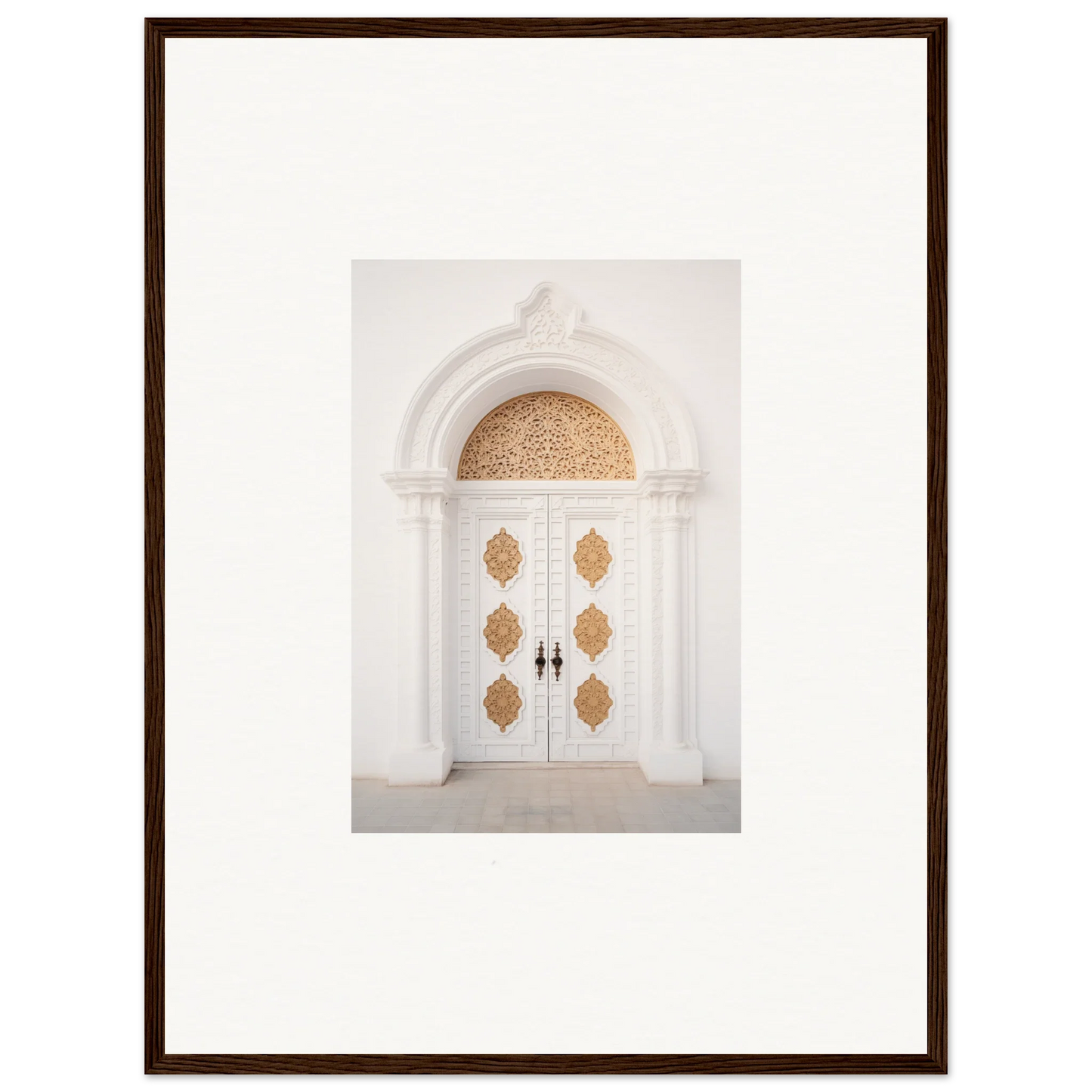 Gilded Mirage Passage features white double doors with gold medallion designs and an arched window