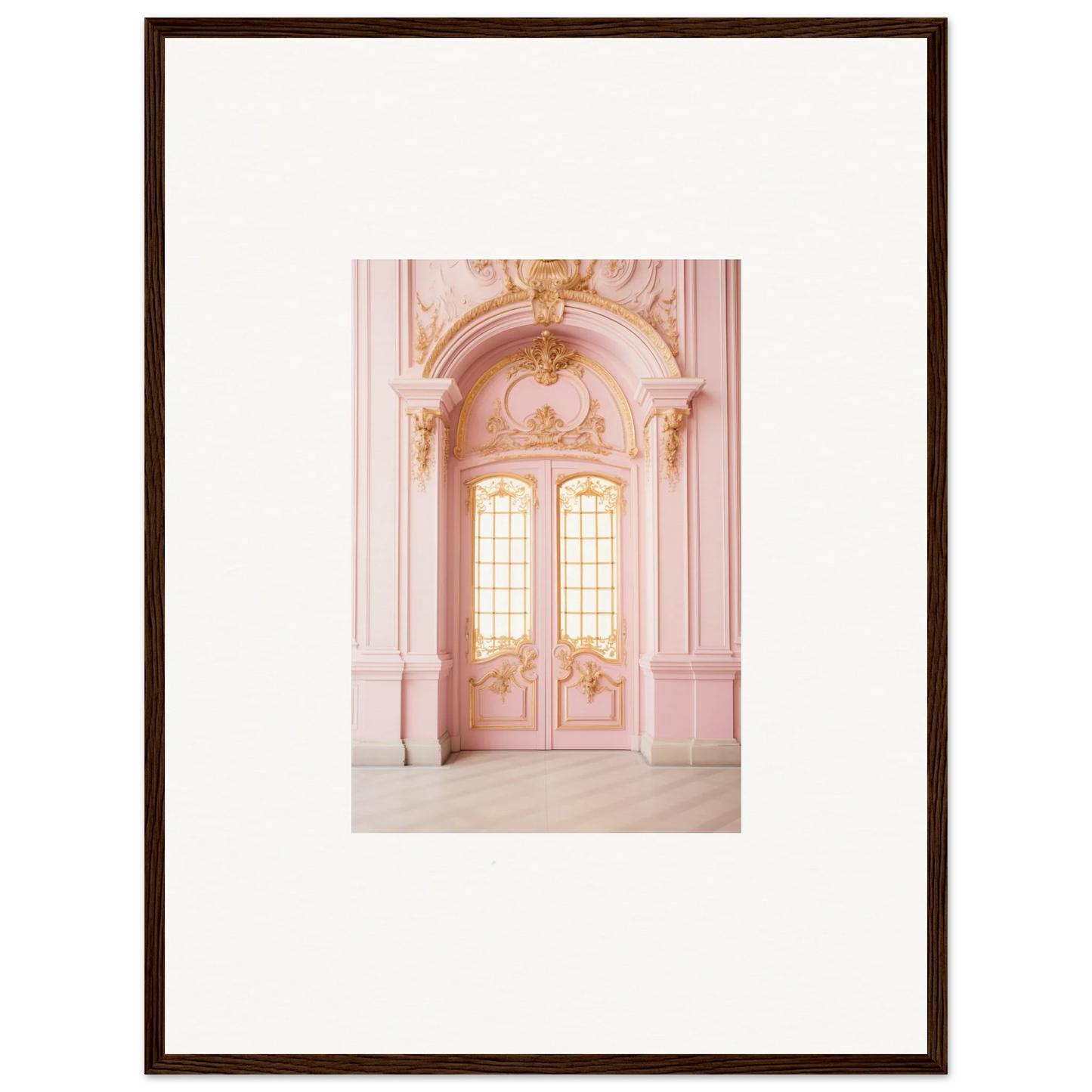 Ornate pink double doors with arched windows in Ethereal Rose Haven framed wall art