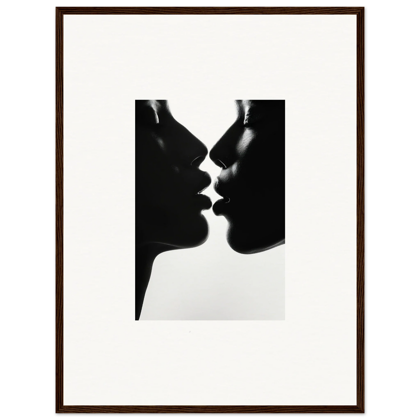 Two silhouetted profiles sharing a romantic moment in Luminous Midnight Kiss art