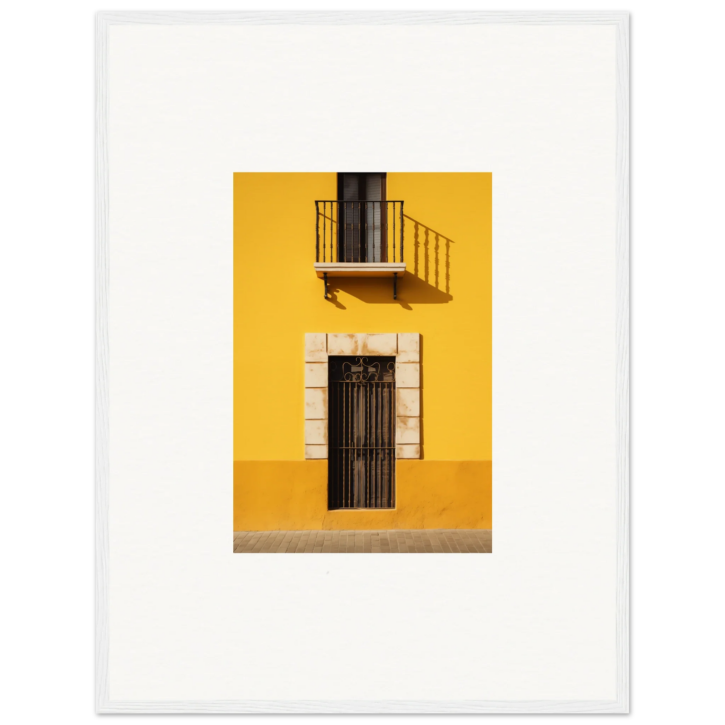 Yellow building facade with balcony and black door for Sun Custard Symphonies art™