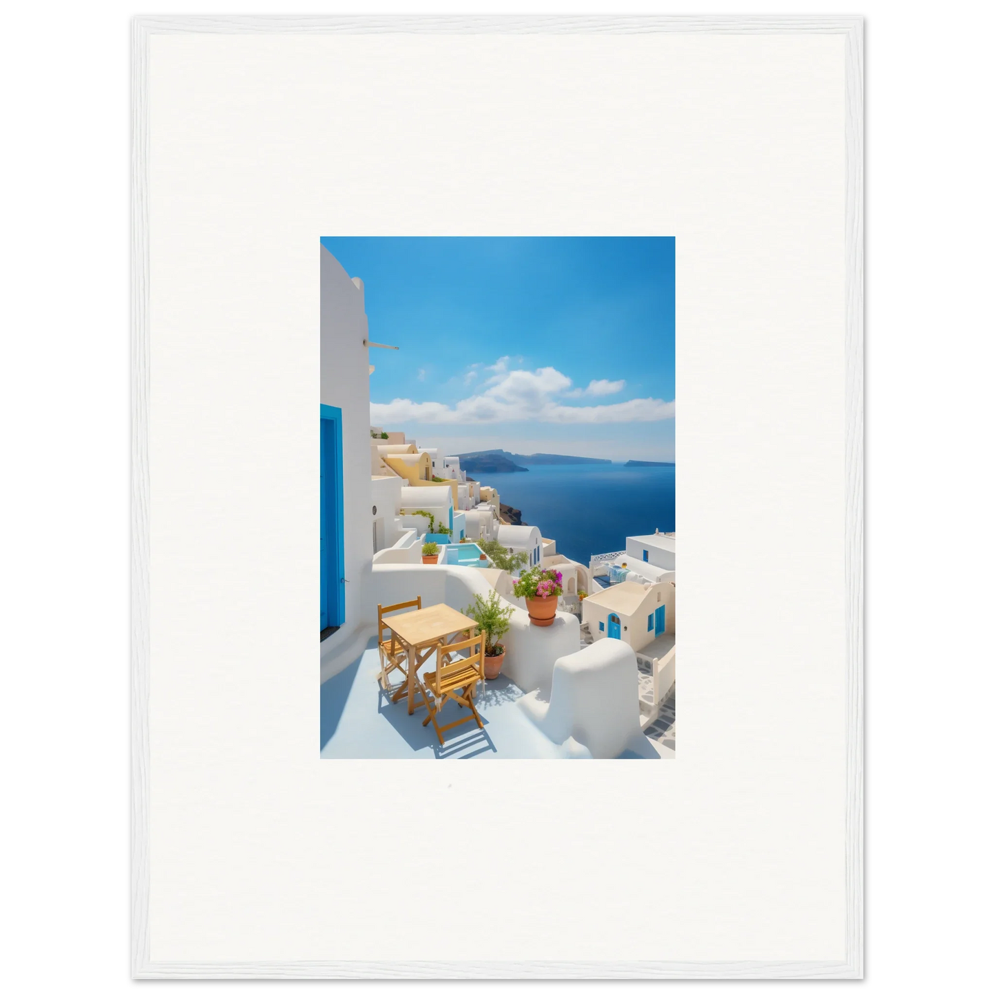 Framed poster of Dream-Touched Odyssey showcasing Santorini’s stunning white buildings