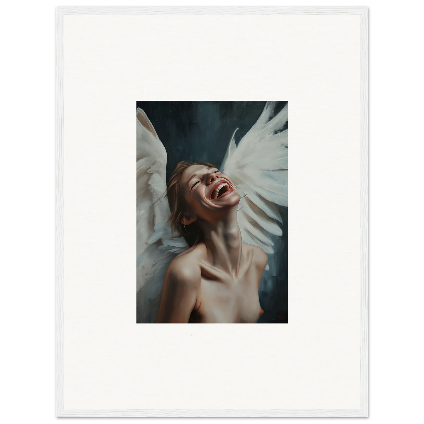 A person with white wings joyfully expressing emotion in Seraphic Euphoria wall art