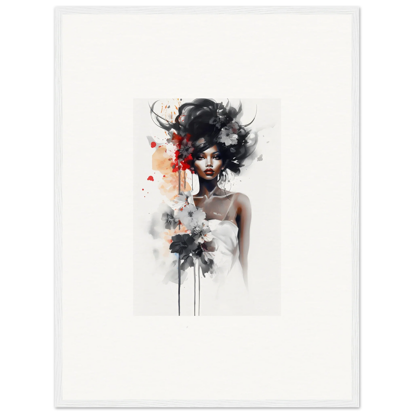 Artistic watercolor portrait of Plume Sultry Reverie with bold black hair and red accents