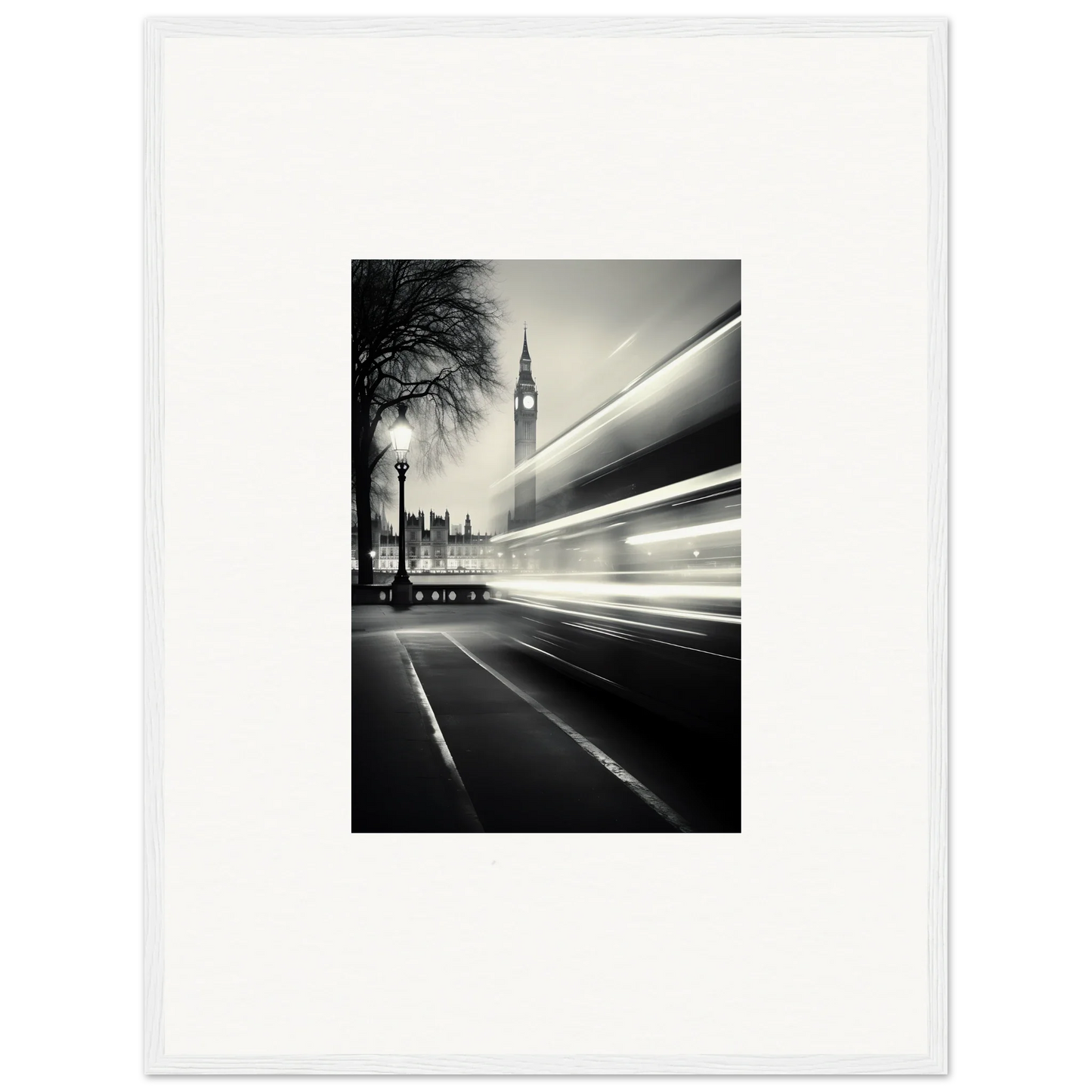 Black and white Big Ben photo with traffic light trails for Fluid Timeless Pulse art