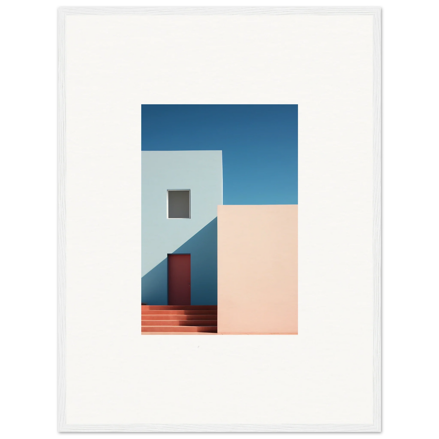 Minimalist architectural art with geometric shapes and a red door in Tangents of Porcelain